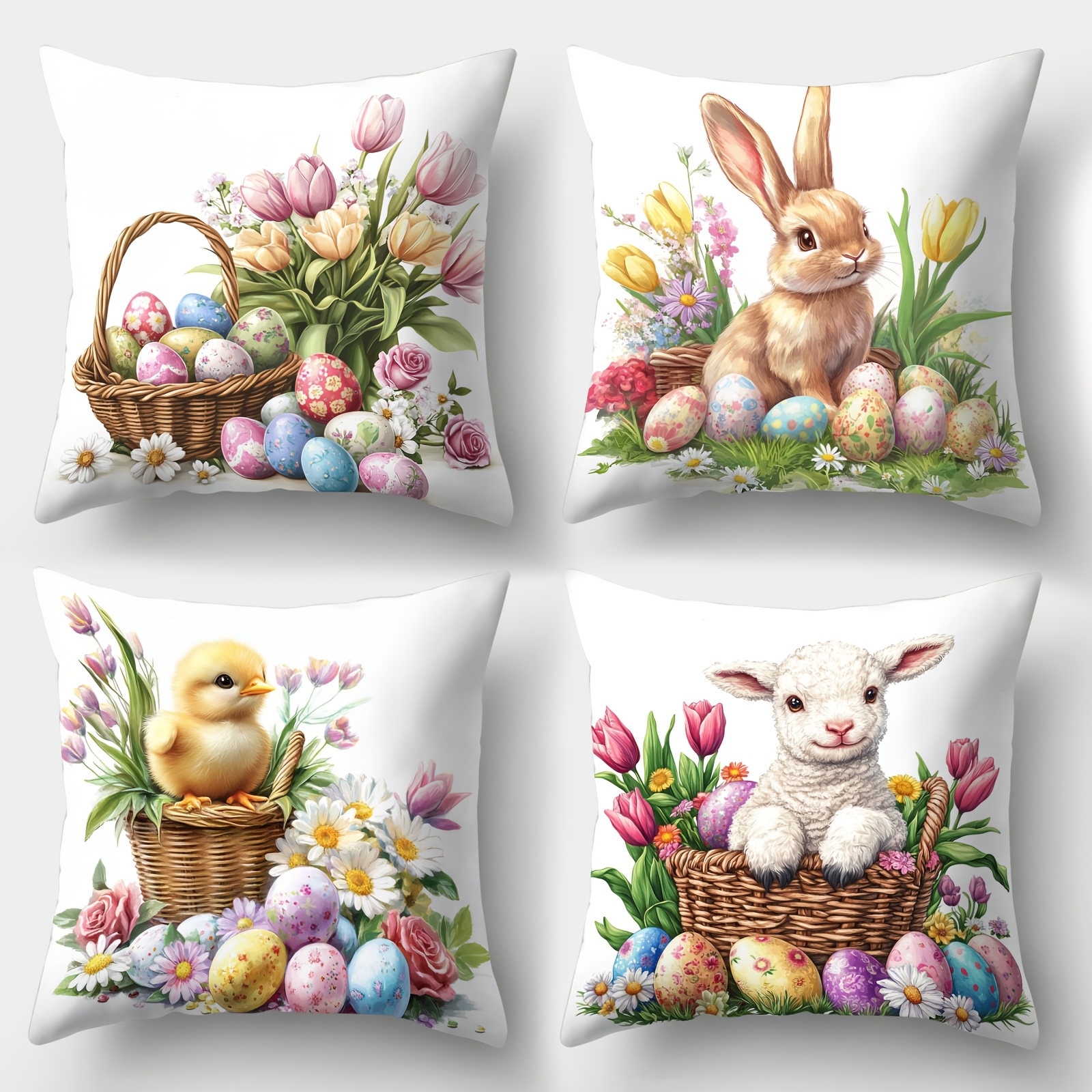 

4pcs Set Easter Floral Throw Pillow Covers - Soft Polyester, Zip Closure, Hand Washable - Sofa & Home Decor, Office, Living Room - No Insert Included, Room Decor, Single-sided Printing