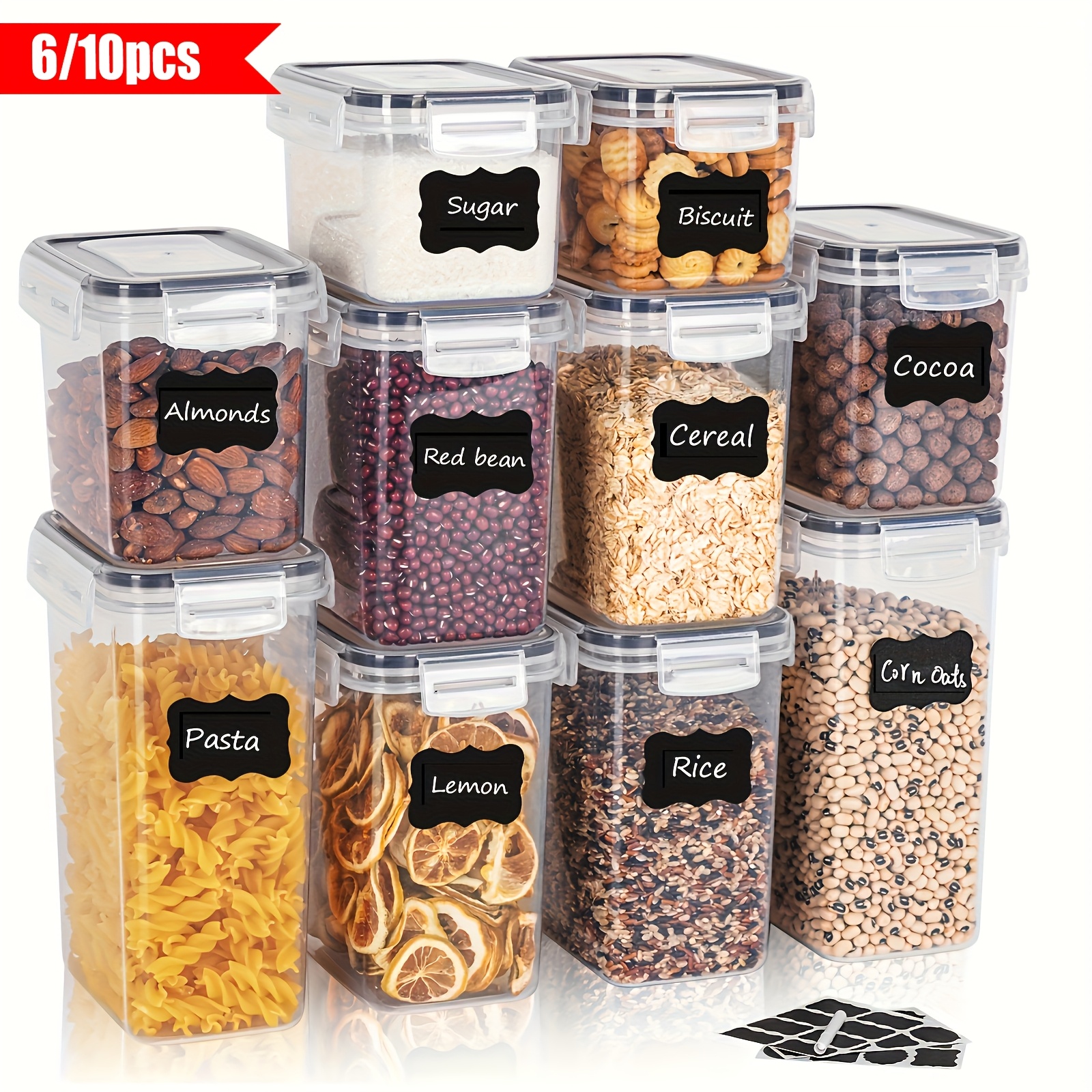 6/10pcs Airtight Food Storage Containers | Kitchen and Pantry Organization for Sugar, Flour, Baking Supplies - Dishwasher Safe, Polypropylene, Rectangle Shape, Latch Closure - Includes Labels and Marker