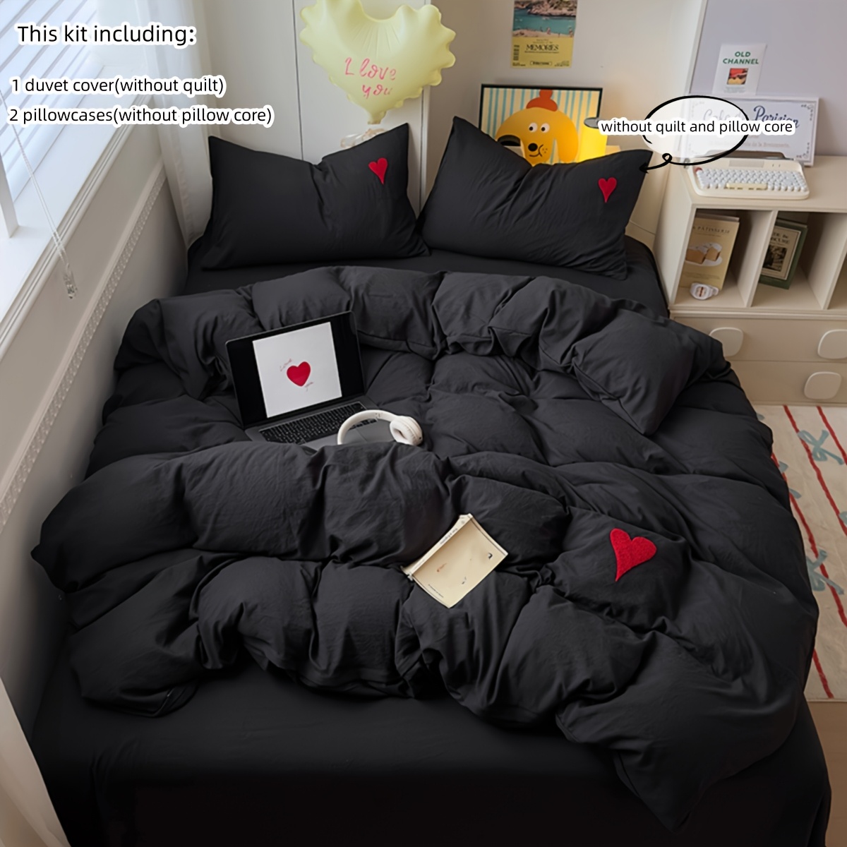 Image of Black Bedding 3pcs Set Embroidered Heart Duvet Cover Set, Includes 1 Duvet Cover And 2 Pillowcases (filling Not Included) Comfortable And Soft Fabric, Suitable For
