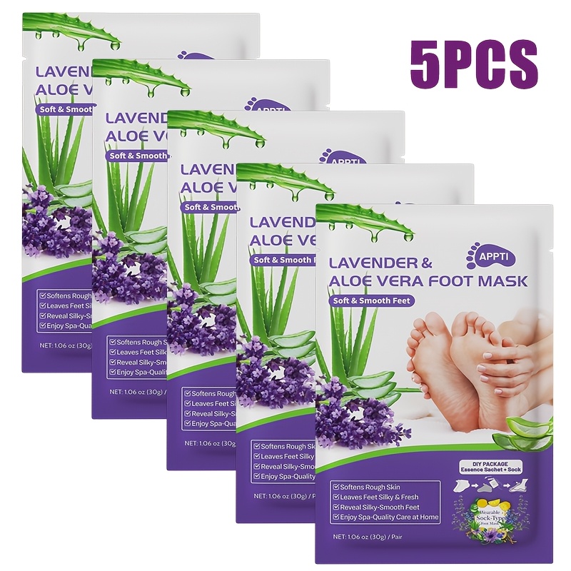 5pcs Lavender& Aloe Vera Foot Mask, Exfoliating, Moisturizing And Nourishing With Lactic Acid, Urea And Acid, Rough Skin& Y Smooth Feet, Diy Socks, Foot Care