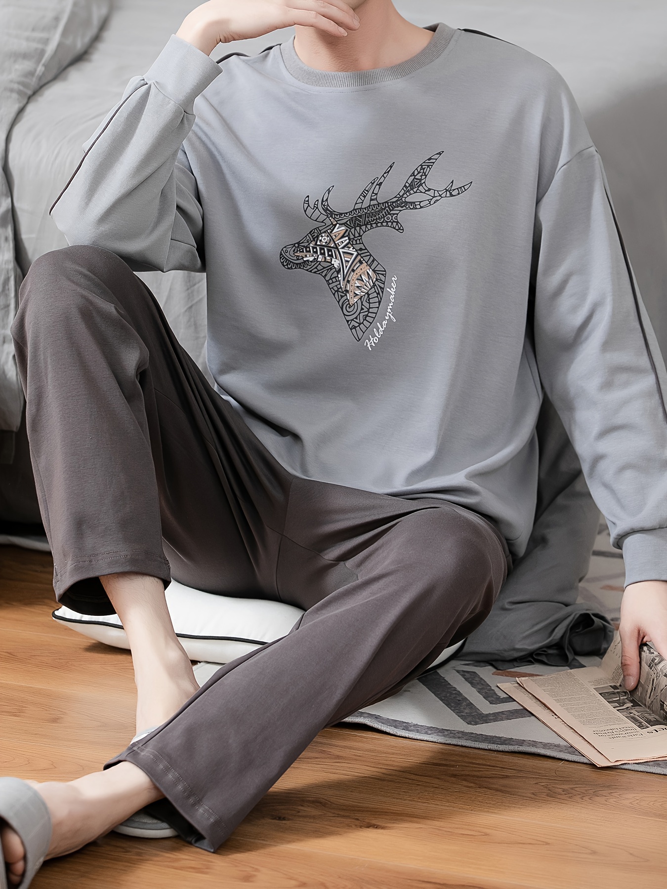 Men's 100% Cotton Sleepwear Set - Casual Spring/Fall Pajama Sets with Crew Neck, Long Sleeve, Pocket Detail, Loose Fit Knit Fabric - Comfy Solid Color Loungewear