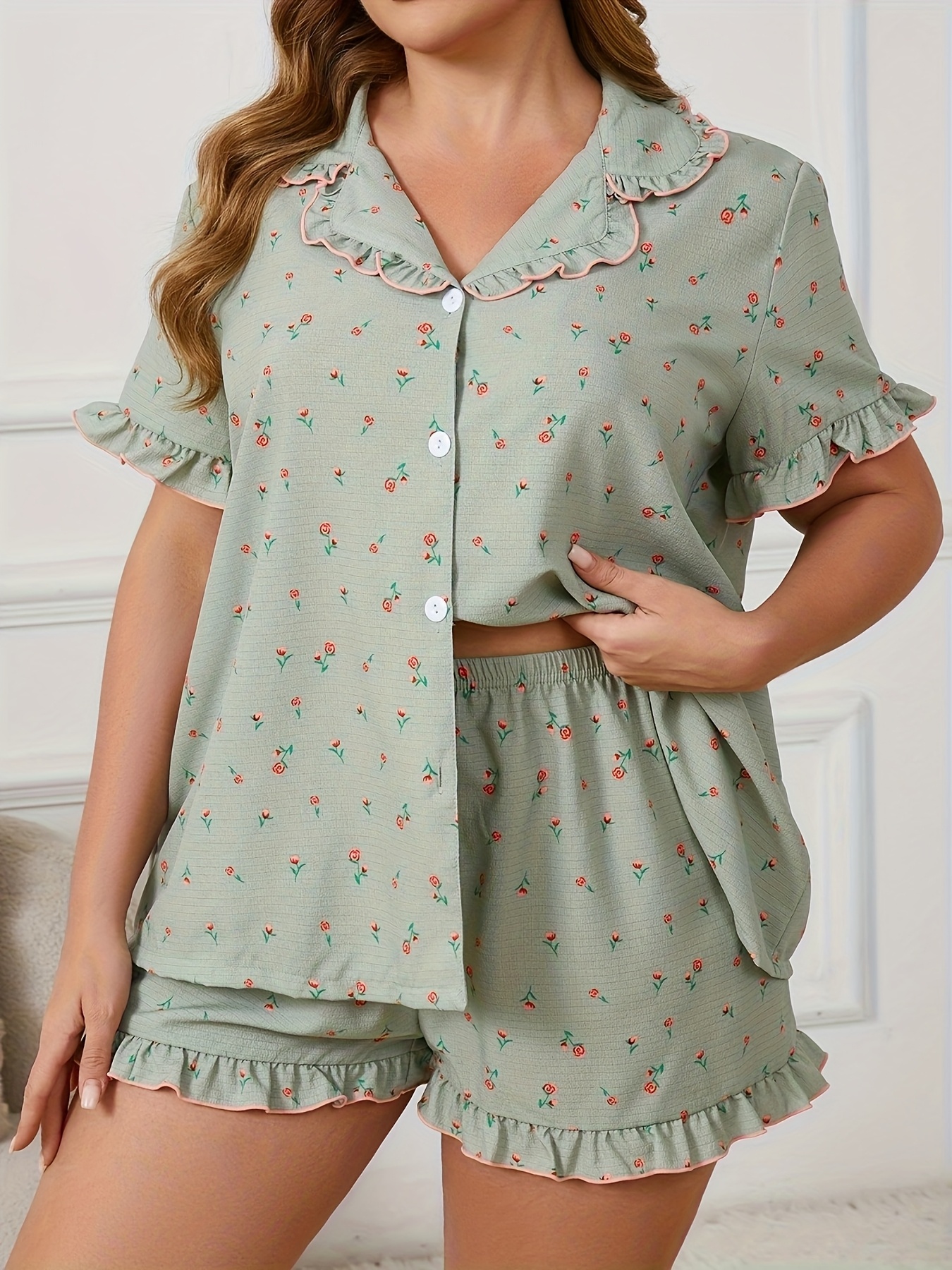 Plus Size Women'S Summer Pajama Set Cute Floral Print with Ruffle Trim,  Short Sleeve Button-Up Top Shorts, Light Pink Casual Lounge Wear