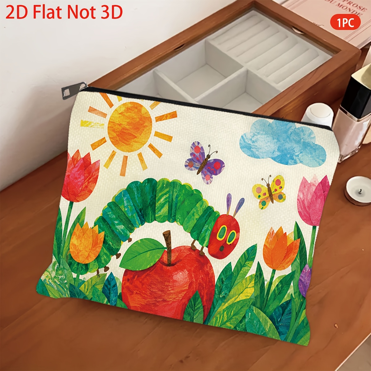 TEMU 1pc 1pcs For Caterpillar Eating Makeup Bag - Double-sided Cute For Caterpillar & Print Cosmetic Pouch, Reusable Travel Suitable For, Daily, Gift