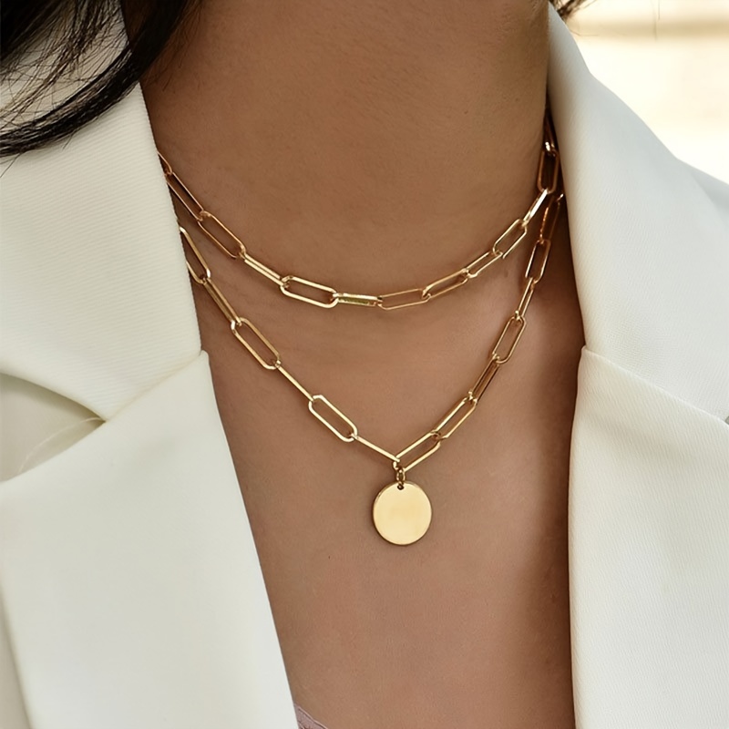 Image of 1pc Of Trendy Double-layer Disc Chain Necklace