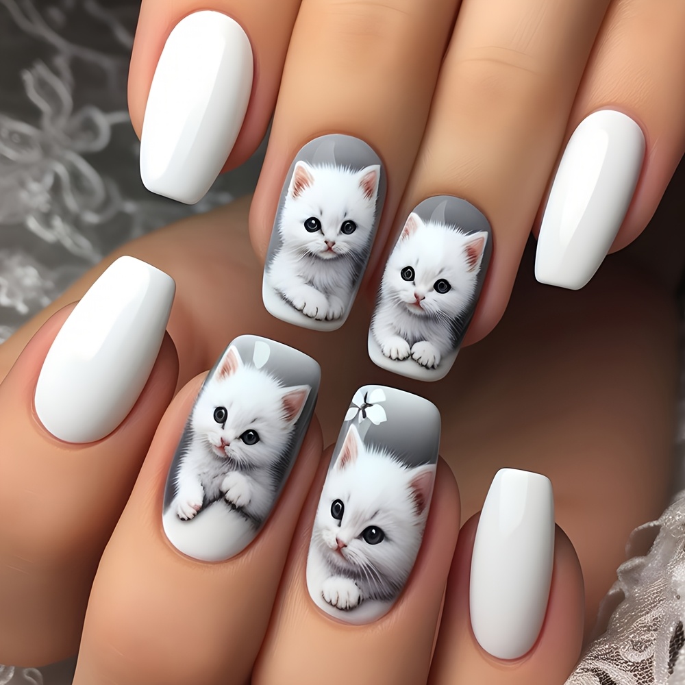 

24pcs Cute Cat Pattern Press-on Nails, Long Square Shape, , Artificial Fake Nails For Manicure, & Animal Design,