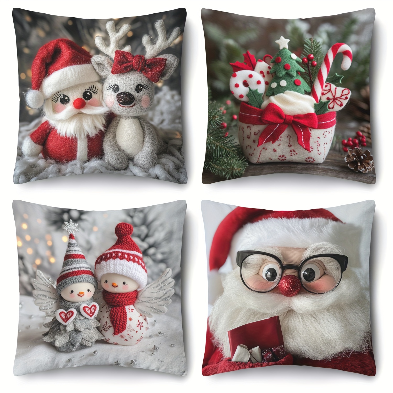 

4- Christmas 18x18" - Red & , , Zippered, Washable, Cushion For , Sofa, Bed - No Inserts Included