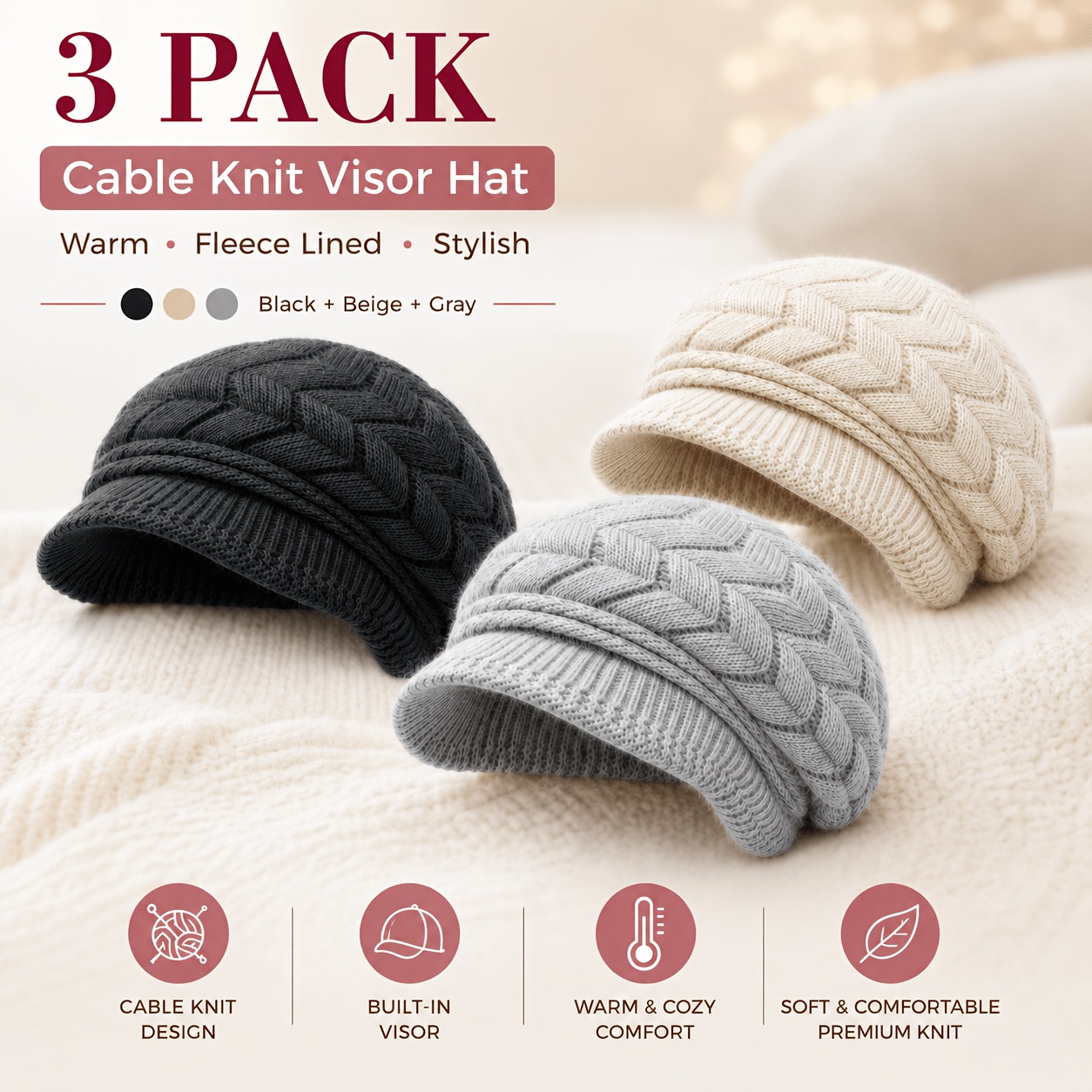 TEMU 3pcs Women Cable Visor Beret Hats, Warm Winter Beanie Hat, Thick Warm Baseball Beret Cap, Fashion Casual Cold Weather Hat For Outdoor Cycling