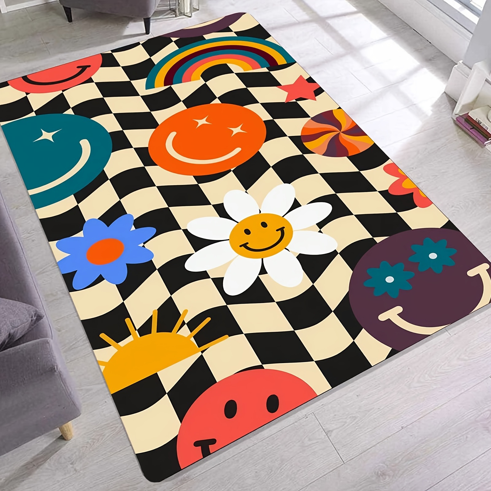 

Colorful Daisy And Cheerful Faces Design Soft Anti-slip Machine-made Braided Polyester Rug Pad For Living Room And Kitchen, 480gsm, 1cm Thickness - Rectangle (1 Piece)