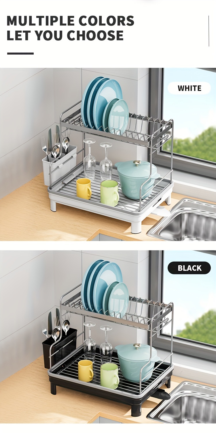 2 tier metal plastic dish drying rack with drain tray and swivel spout countertop kitchen storage organizer for dishes cutlery pots dish brush sponge holder multipurpose sink caddy for kitchen and bathroom accessories details 3