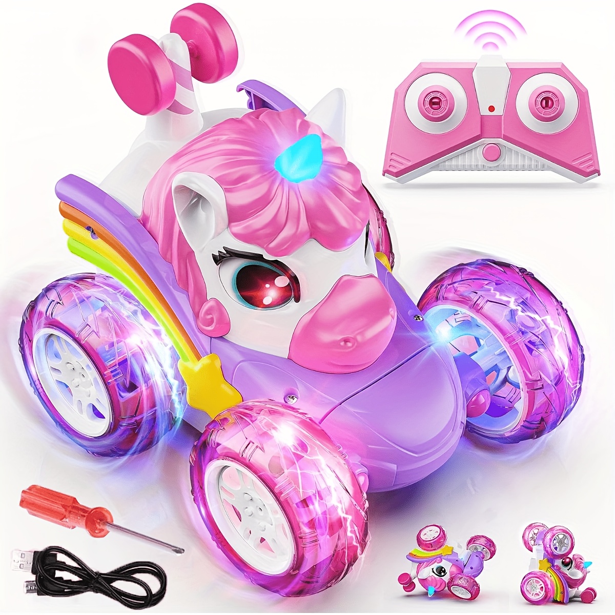 TEMU Unicorn Remote Control Car For Girls, Rechargeable 360°stunt Rc Cars Rotation 4wd Remote Cars With Led Lights, Fun Indoor Outdoor Toys For Kids,
