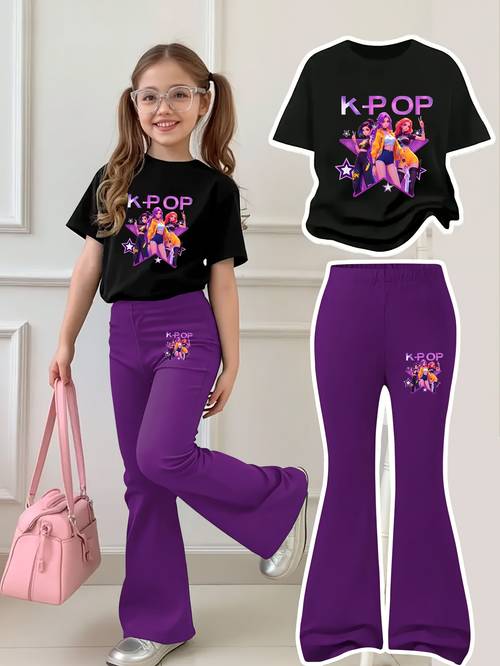 trendy black and group short sleeve flared pants set for girls ages 4 12 short sleeve top features colorful girl group illustrations three stylish girls with a starry background complemented by purple glitter