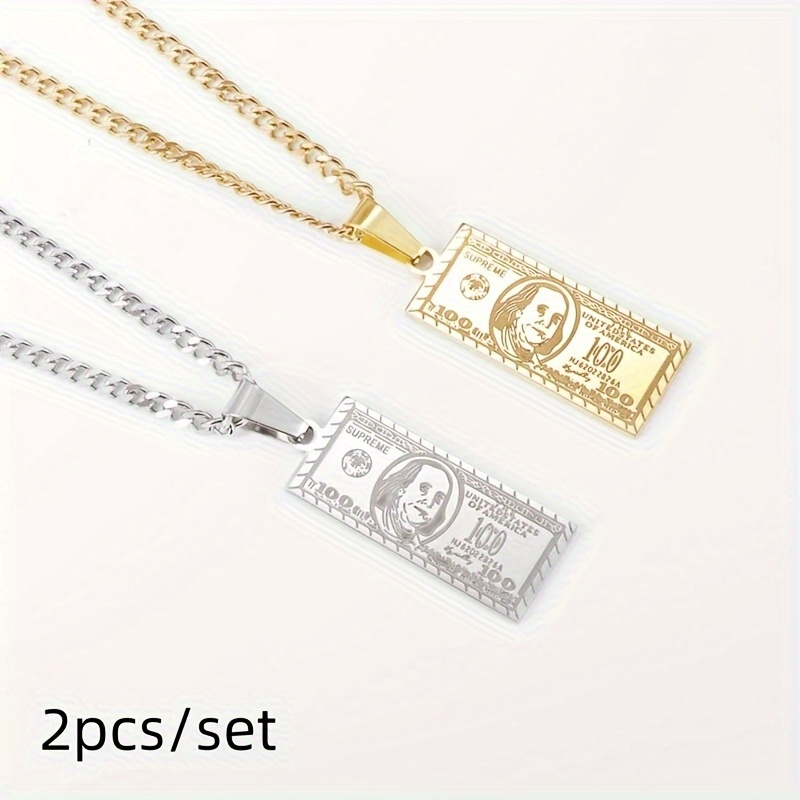 

2pcs/set Hip Hop Stainless Steel $100 Bill Pendant Necklace For Men And Women High Quality Fashion Jewelry Exquisite Gift