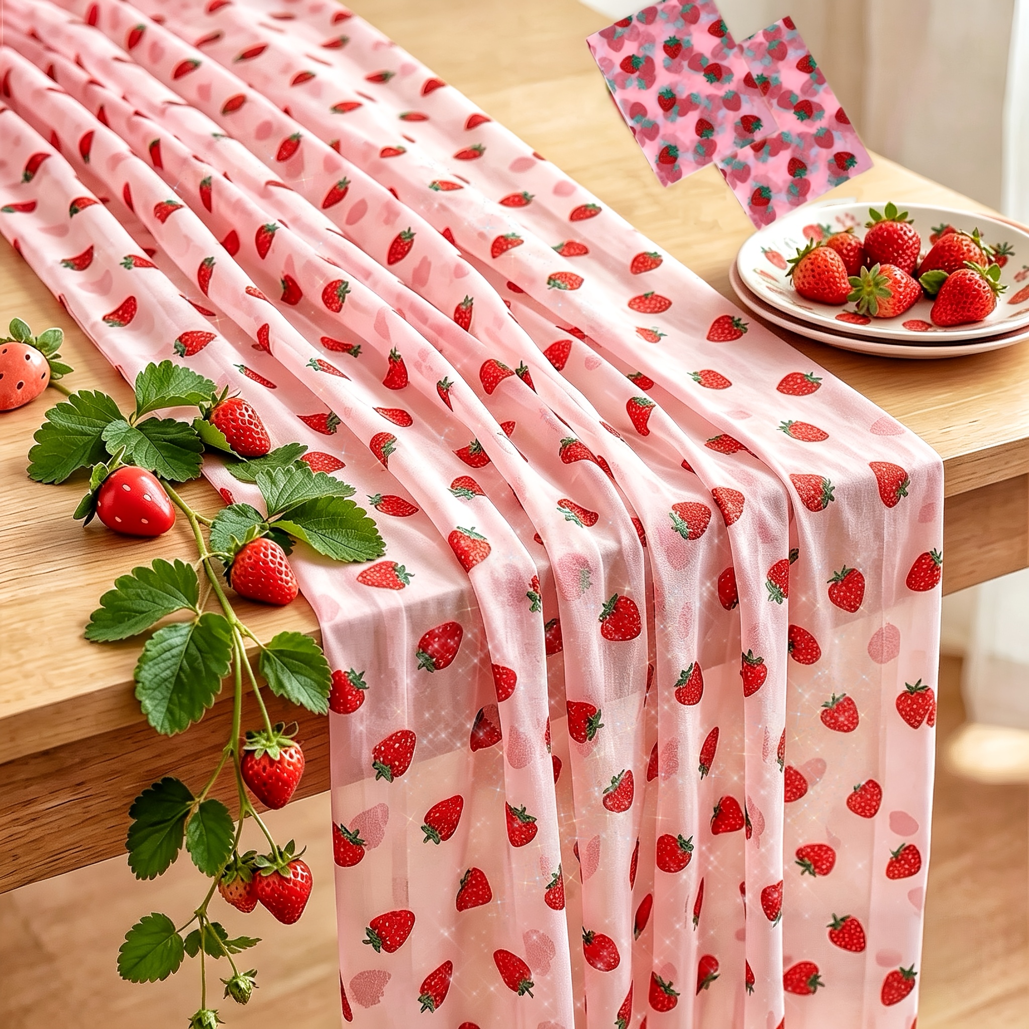 TEMU 2pcs Strawberry-themed Table Runner Set - Sequin Strawberry Glitter Tulle Runners With Pink Sequin Embroidery And Sheer Lace Design. Perfect For