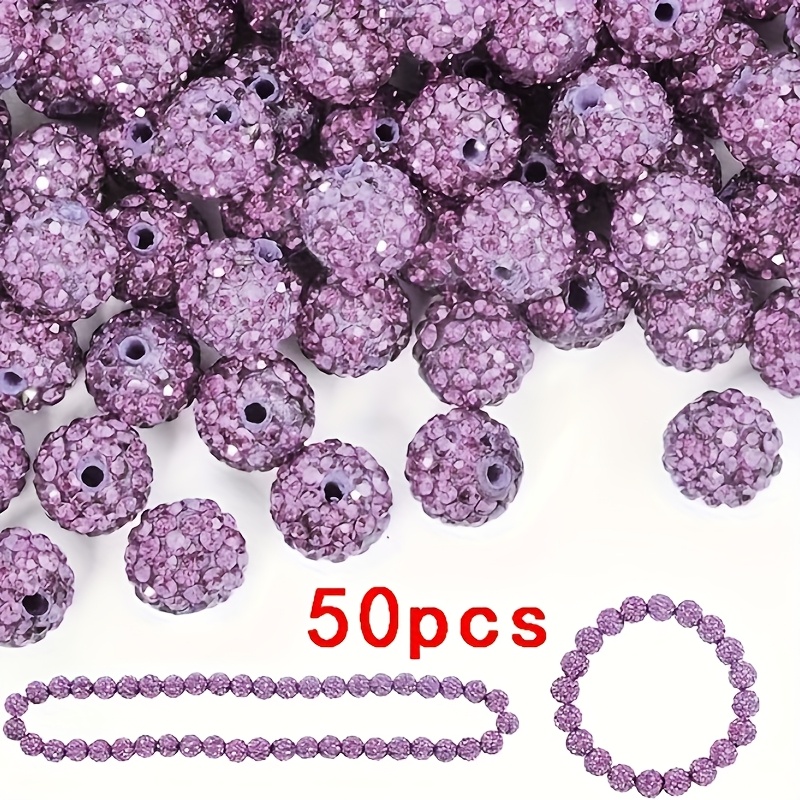 Image of 50 Handmade 10mm Water Rhinestone Clay Beads - Ice Series Baseball Sparkling Style, Circular Disco Ball Design, Fancy Sparkling Diy Necklace Bracelet Jewelry Making Holiday Decoration (lavender)