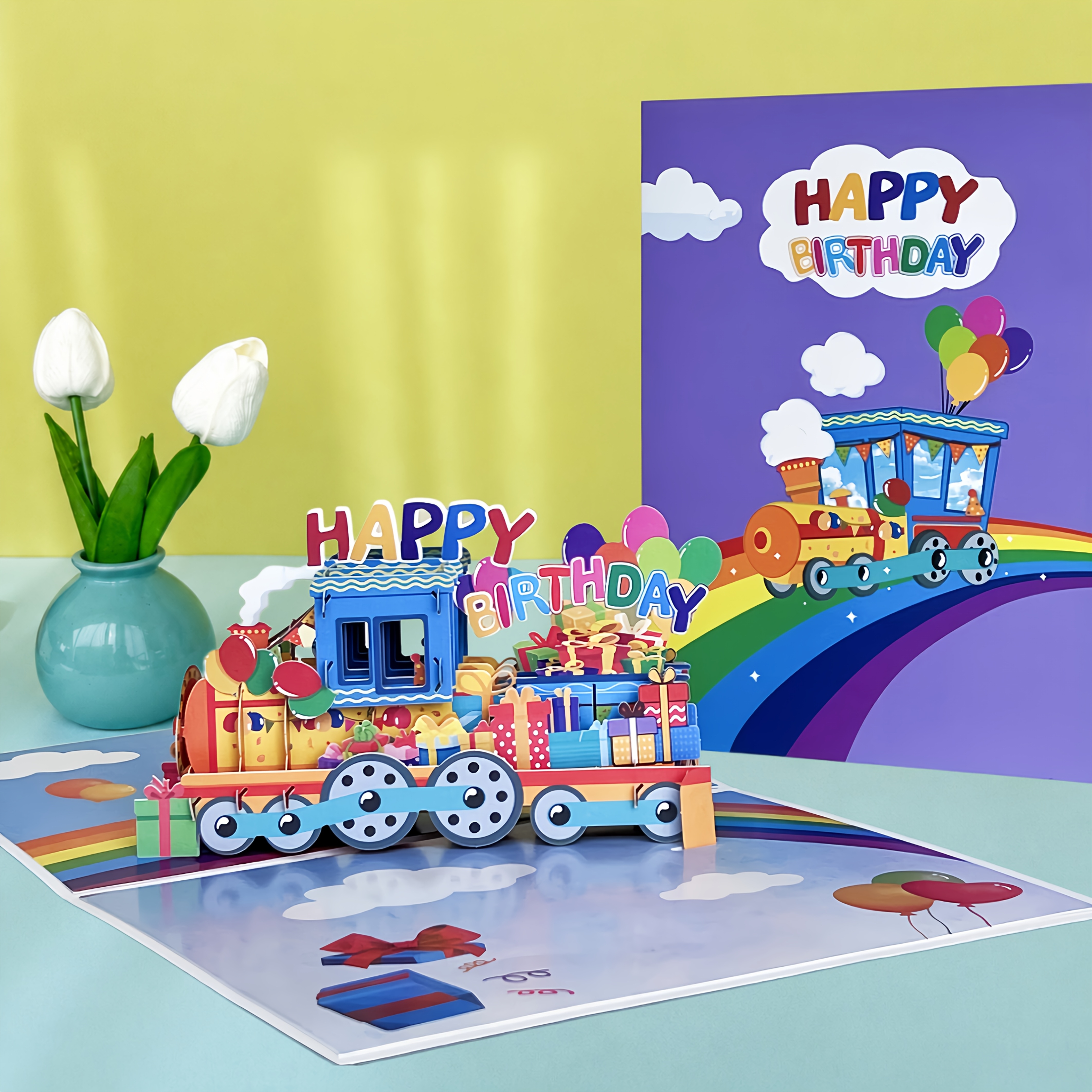 TEMU 1pc Pop-up 3d Greeting Card With Envelope, Cartoon Train Design, Suitable For Son/grandson/nephew/daughter/granddaughter/niece. Happy Birthday