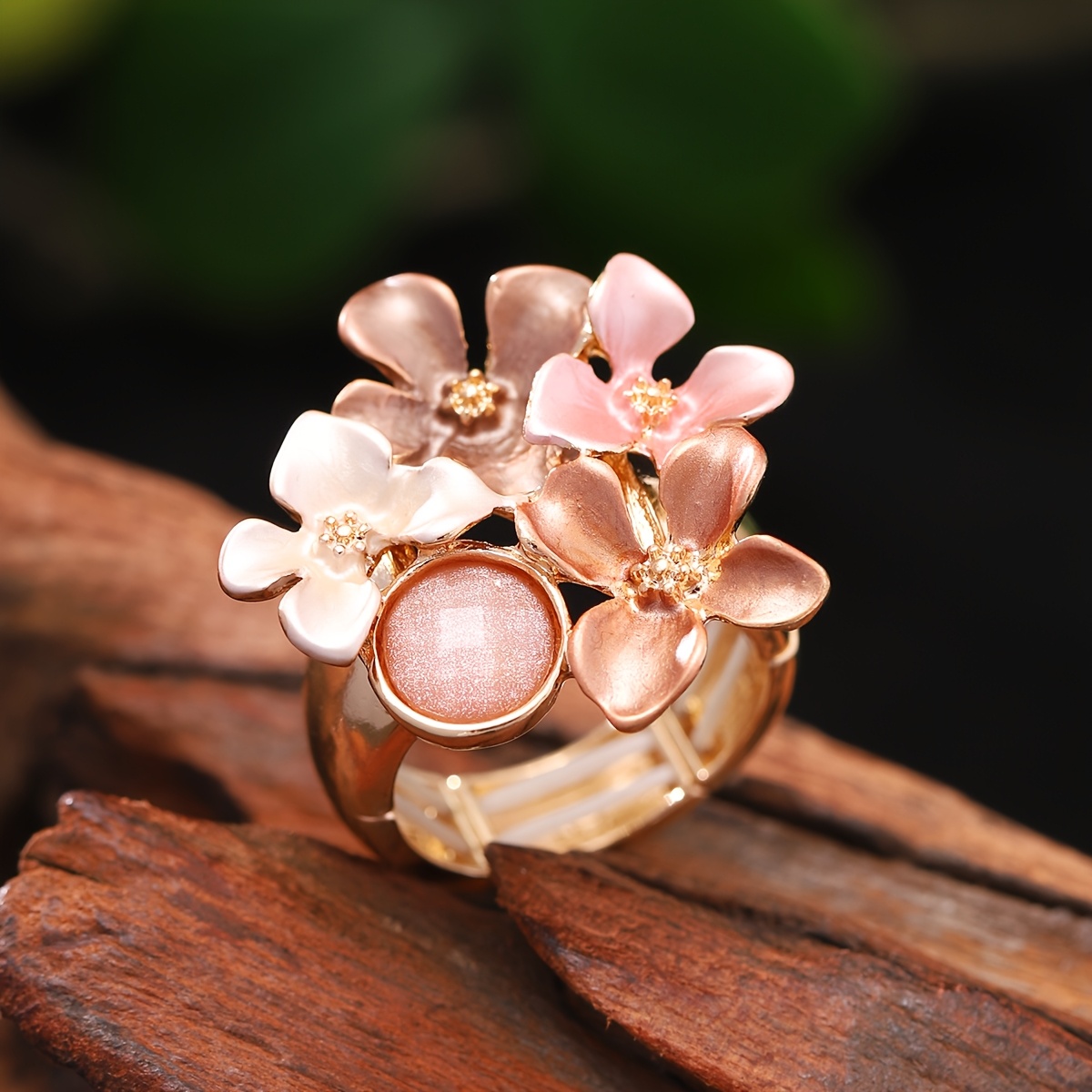 טבע פרחים מצופה זהב סגנון בוהמייג אחד, סגסוגת אבץ, מתנה אמייל אלסטי, מושלם לאביבי, האם איזר ולביקי טבעת בוהמית