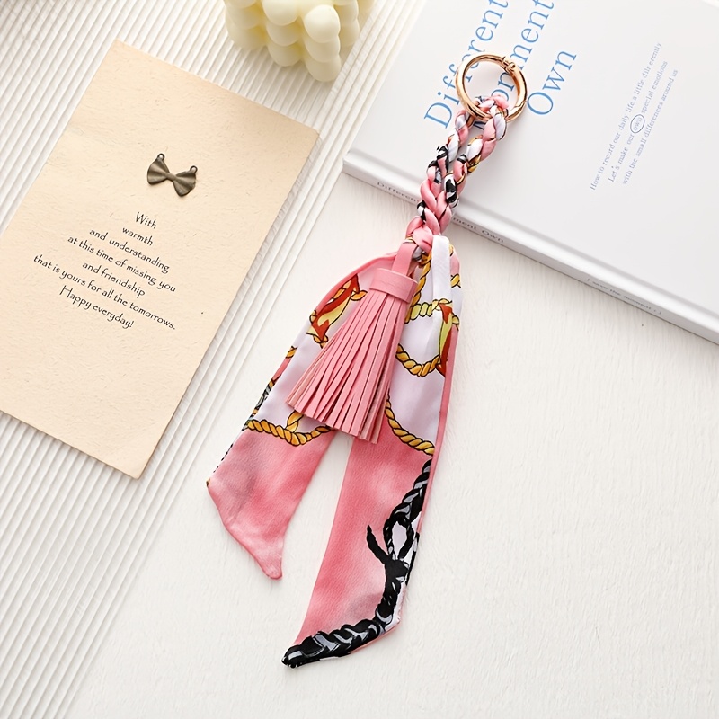 Image of 1pc Fashion Scarf With Faux Leather Tassel Pendant Multiple Colors Light Luxury Tassel Keychain Pendant Fashion Women' Additions Car Pendant Decoration Mother's Day Gift Exquisite Gift