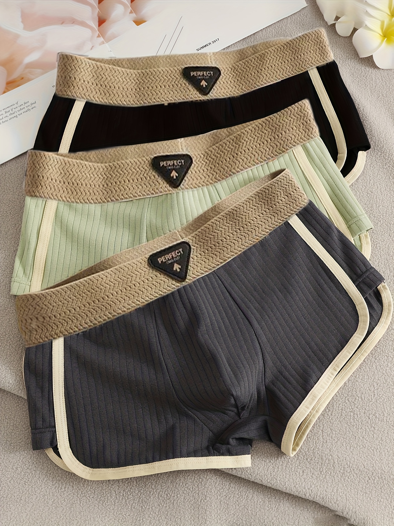 3pcs Men's Breathable Boxer Briefs - Stretch Comfort, Geometric Stripe Design, Elastic Waistband, Machine Washable Underwear for Running & Casual Wear (Black/Beige/White), Casual Shorts | Geometric Stripe Pattern | Medium Elasticity