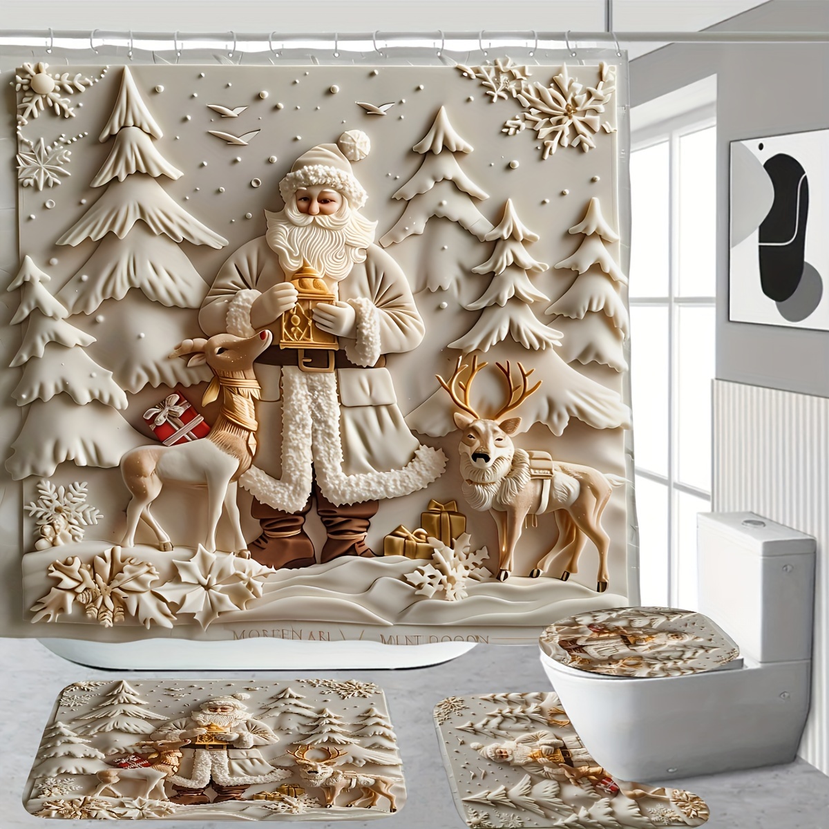 

1/4pcs Christmas Decoration Set: Printed Shower Curtain, , Bath Mat, 12 Plastic , Polyester Cloth, 180*180cm