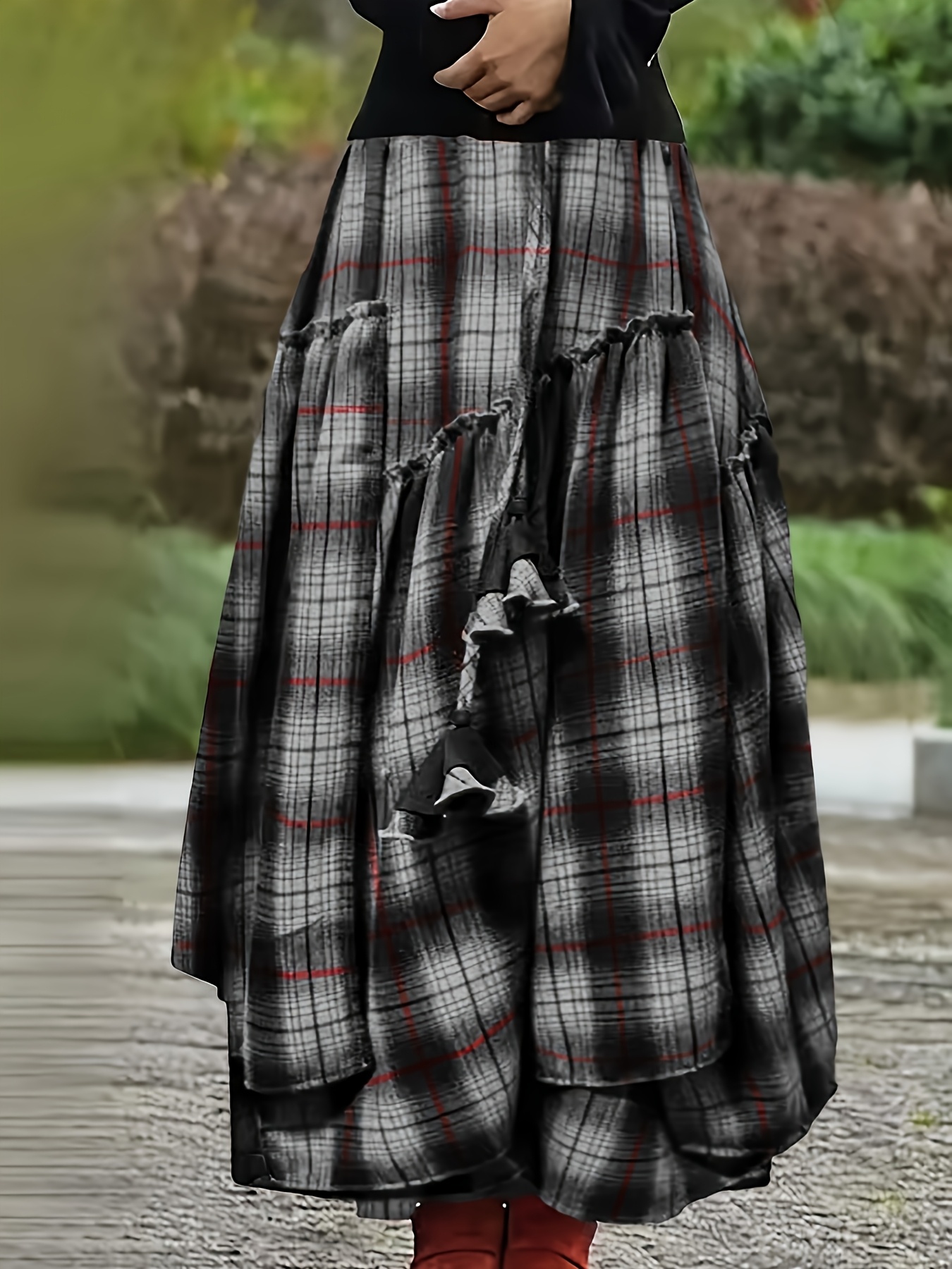 women's vintage red black plaid maxi skirt flowy loose fit Temu