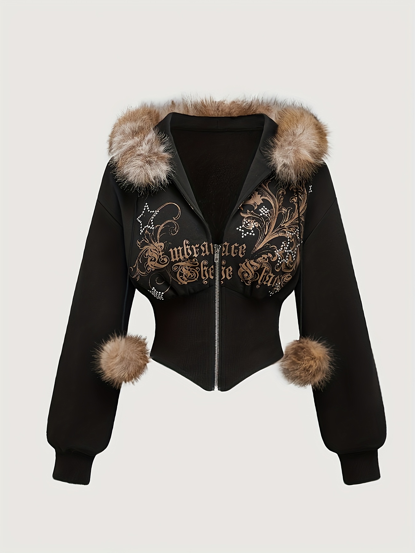Women'S Y2K Punk Gothic Lettering & Floral Print Hooded Jacket - with Golden Accent Zipper, Faux Fur Trim, All-Season Casual Outerwear, Machine Washable Retro Fashion Coat For Women, Graduation, Back To, Casual Attire - Y2k Aesthetic