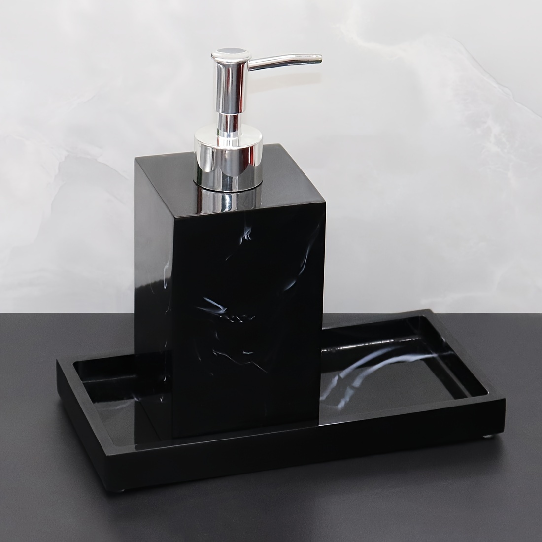 Hand Soap Bottle Tray Set, Marble Look Soap Dispenser And Flat Bottom Tray Countertop Bathroom Apartment Hotel Decorative Items, Resin Bathroom Set