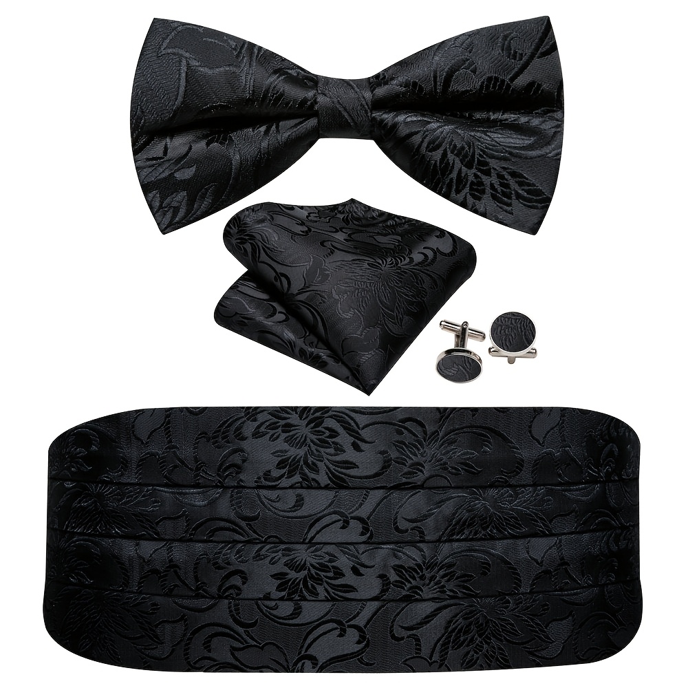 Classic Mens Cummerbund Luxury Wrinkle-resistant Black Cummerbund Bowtie Hanky Cufflinks Set Wedding Event Party