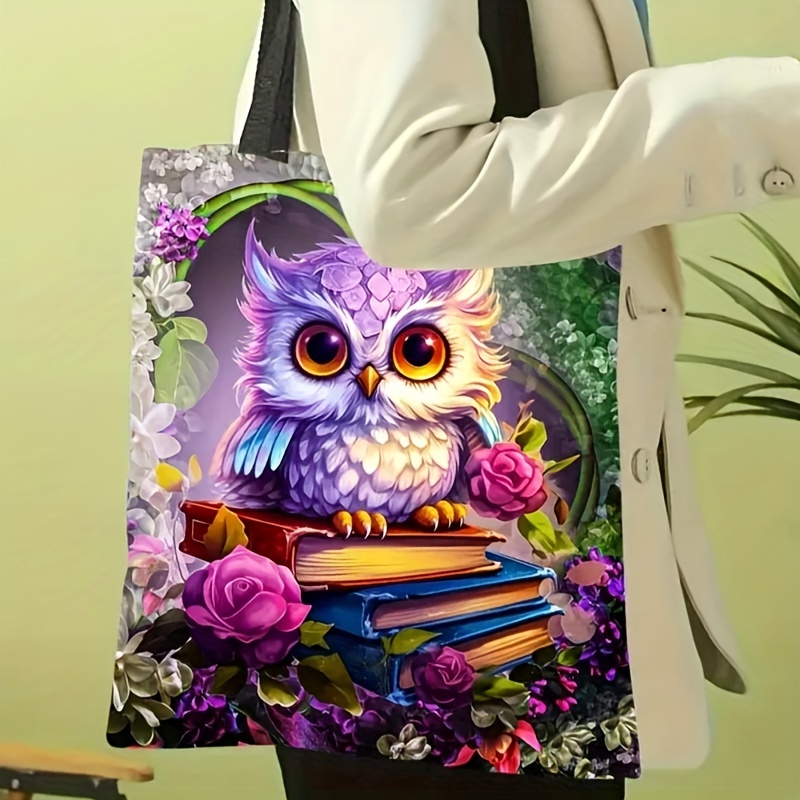 

1pc Cute Owl Tote Bag - Dual-sided Print, Vibrant Animal Design With Floral & Books Accents, Makeup Storage, Gifts, And Everyday Use, Gift Bag | Animal Themed Tote | Bag