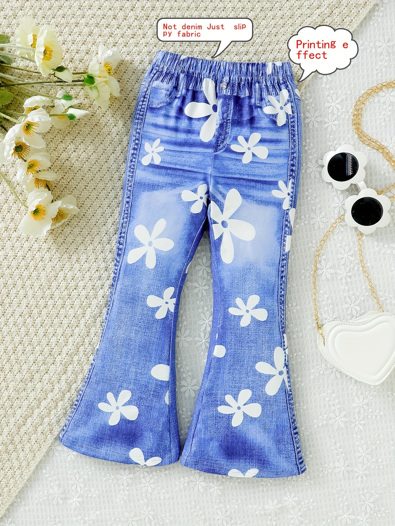 girls comfy flower graphic denim print flare pants - Temu