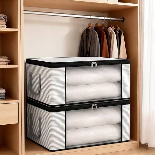6pcs oversized gray striped foldable organizer with window opening durable folding clothes organizer with zipper and lid reinforced handle suitable for bedding blankets pillows and clothing