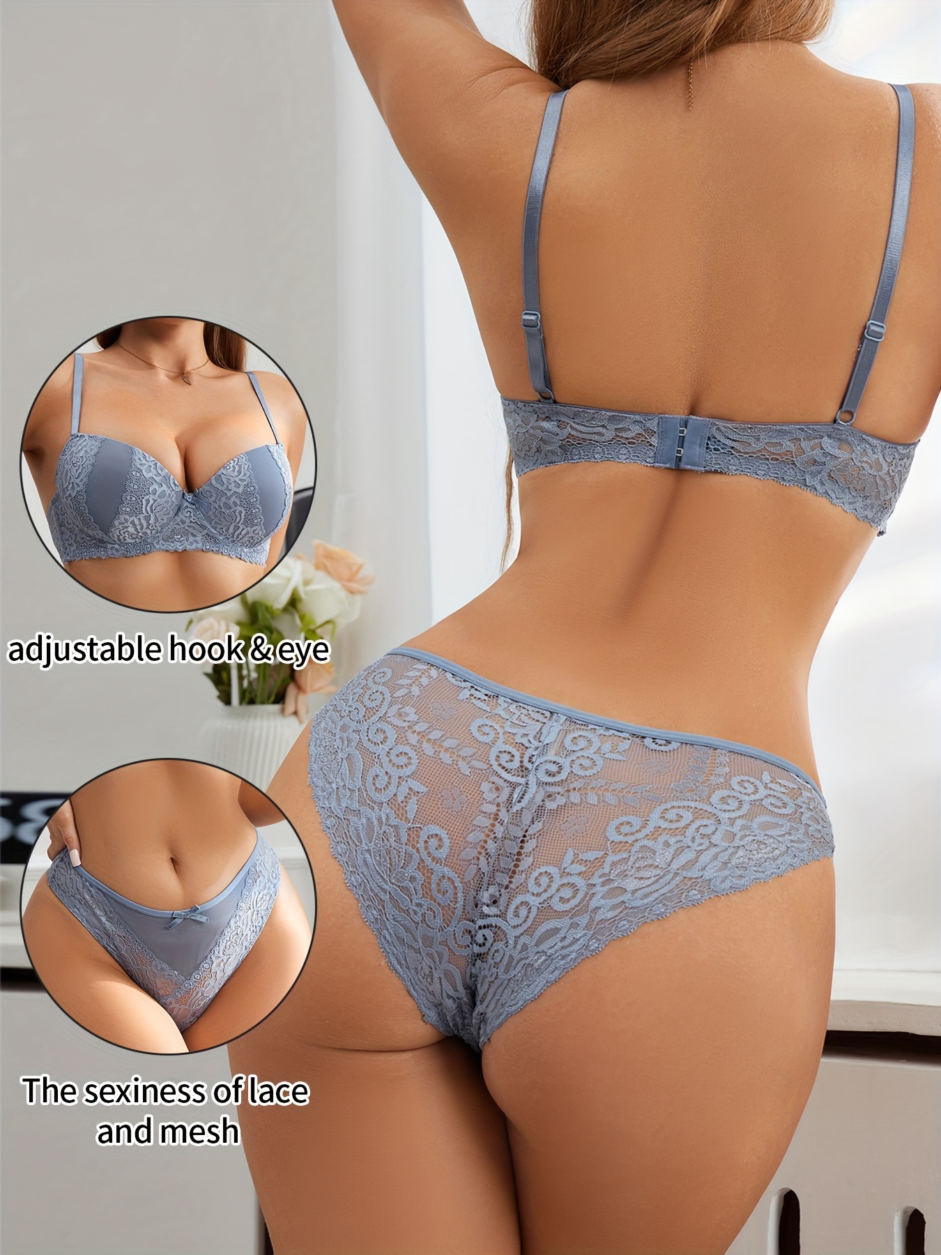 Butterfly Bow Contrast Lace Lingerie Set for Women, Deep V Gathered Underwire Bra + Low-Rise Panties, Backless Cut-Out Summer Breathable Thin