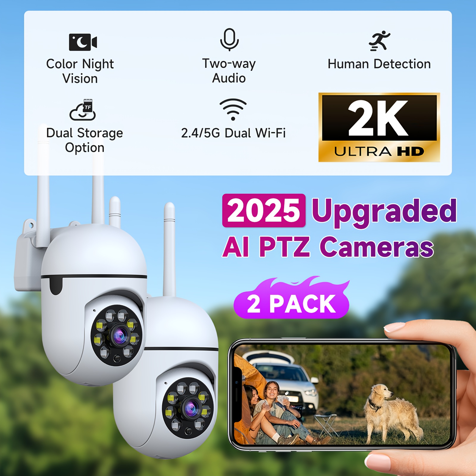TEMU 2pcs Dual-band 2.4/5g Wifi Security Wireless Camera, 355° Pan, Detection, Audio, Color Night Vision, Cloud & Sd Storage, Baby Monitor, Perfect