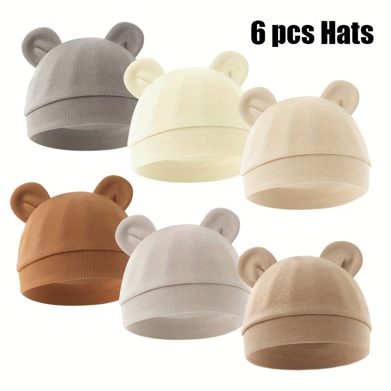 Image of Set Of 6 Newborn Cotton Caps With Bear Ears