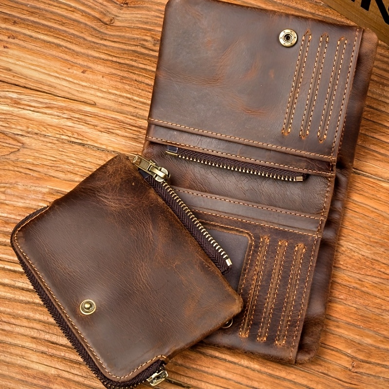 Handmade Vintage Leather Vertical Zipper Wallet, Cowhide Minimalist Men's Wallet
