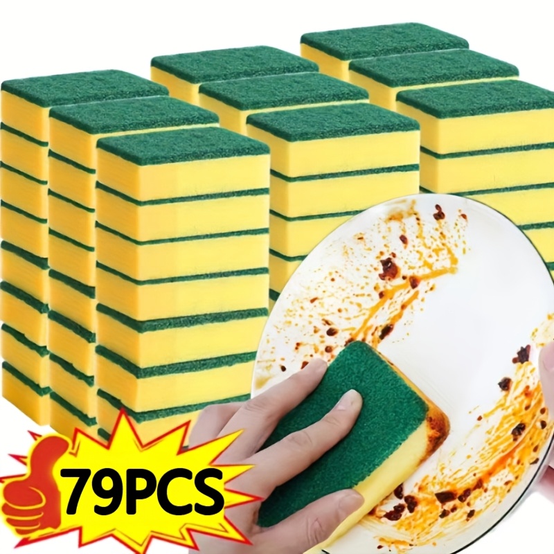 TEMU 79pcs Double-sided Kitchen Dishwashing Sponges, Non-scratch Heavy-duty Cleaning Sponges, Absorbent Foam And Green Scrubbing Pads, Sponges,