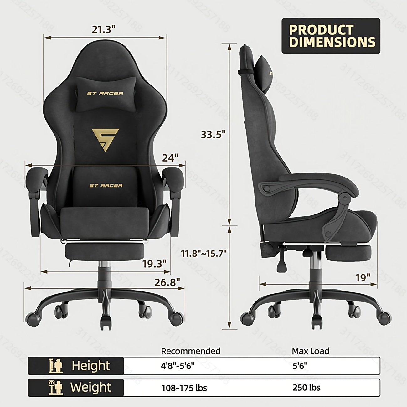 Image of Velvet Ergonomic Gaming Chair, 65x50x72cm Dimensions, 90°-125° Recline, With Retractable Footrest And Massage Lumbar Pillow, Armrest And Height Adjustable, Home Bedroom Office Computer Chair