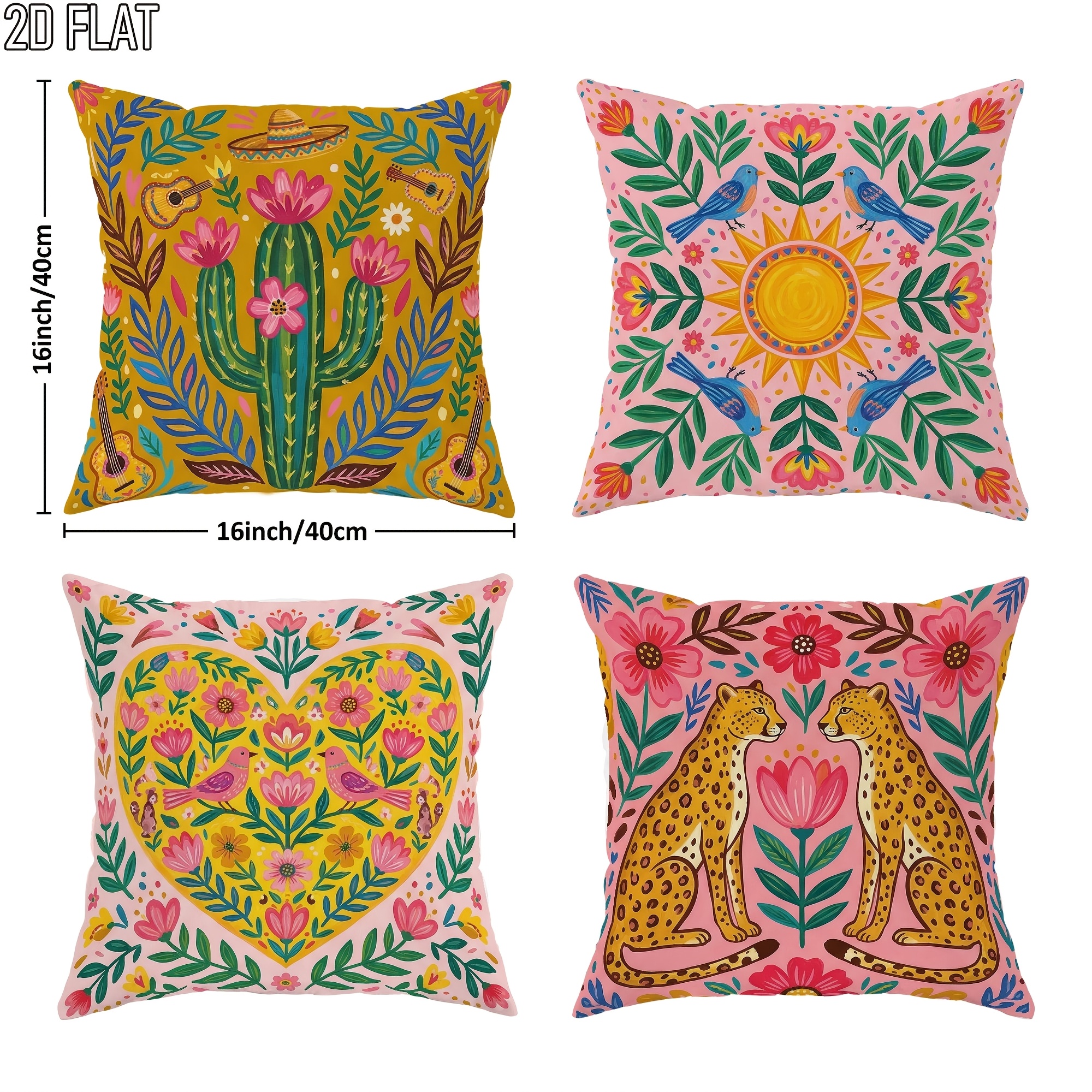 TEMU Lot de 4 housses de coussin plates 2D motif bohème floral cactus jaune pêche vif, taies d'oreiller décoratives à impression simple face pour