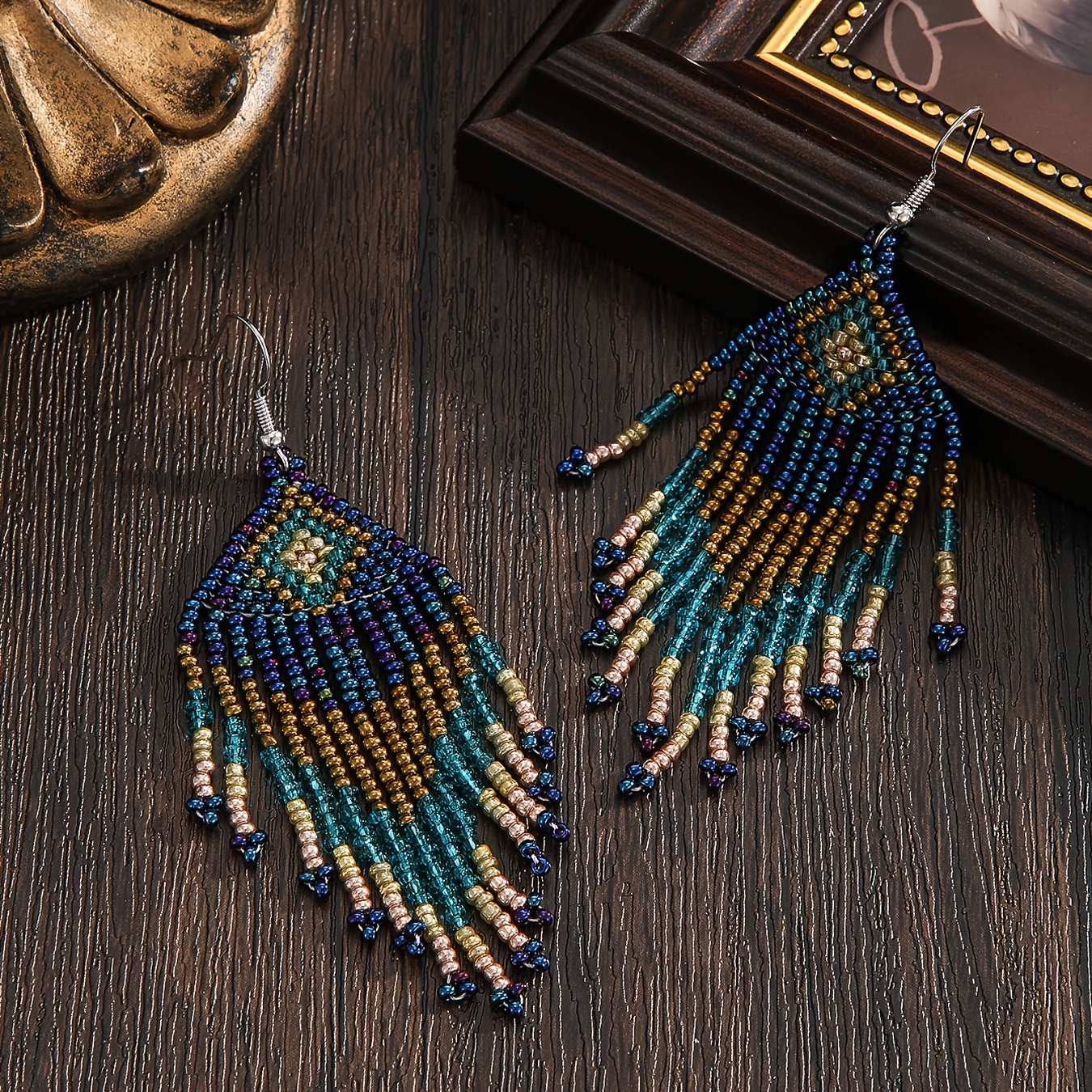 TEMU Boucles d'oreilles multifonctionnelles de style bohème rétro, légères, façonnées, avec des perles de riz en verre, des pompons perlés tissés à ,