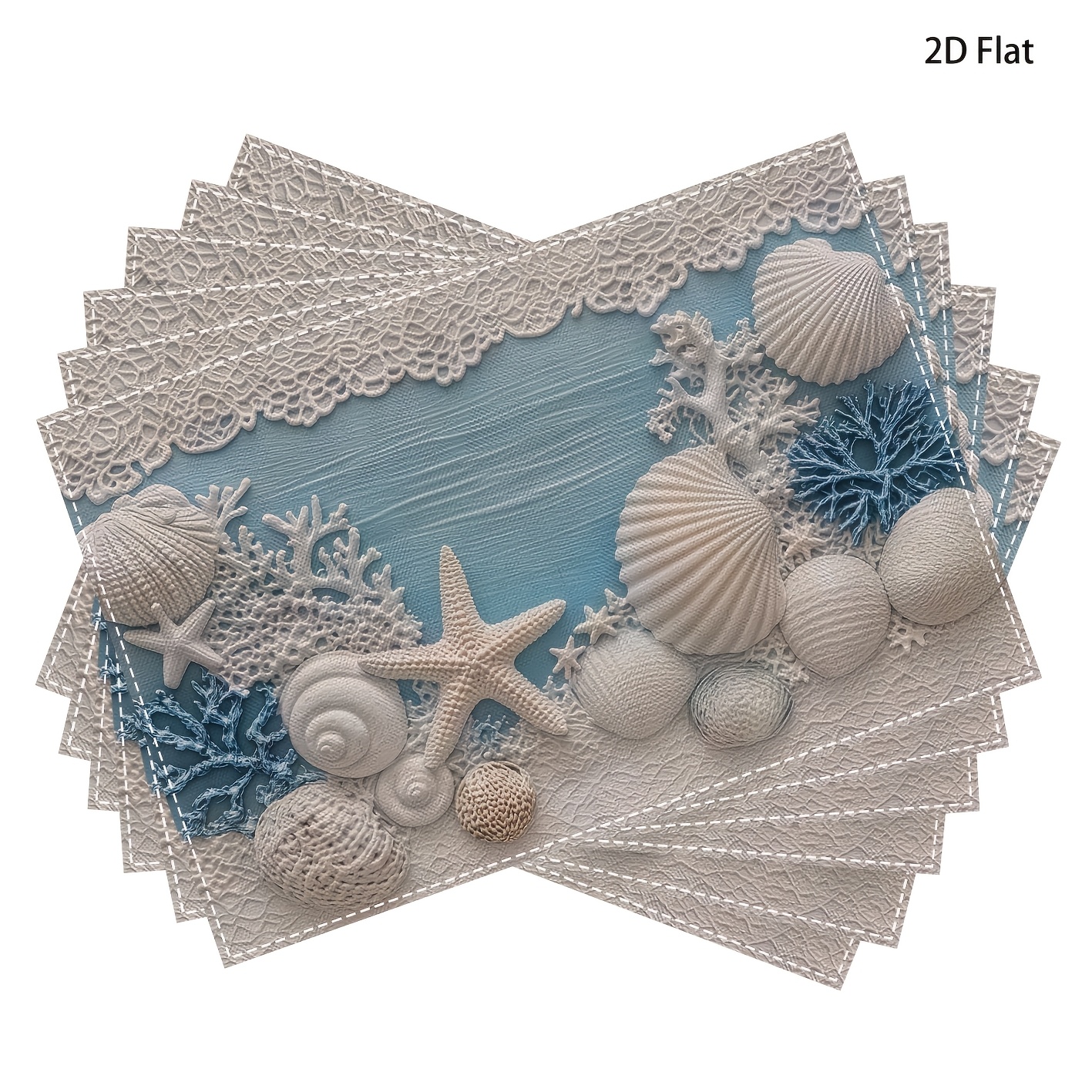 TEMU 4/6pcs, 2d Flat Printing Coastal Lace Nautical Placemats, Textured White Starfish Seashell And Coral On Light Blue Water Background, Beach