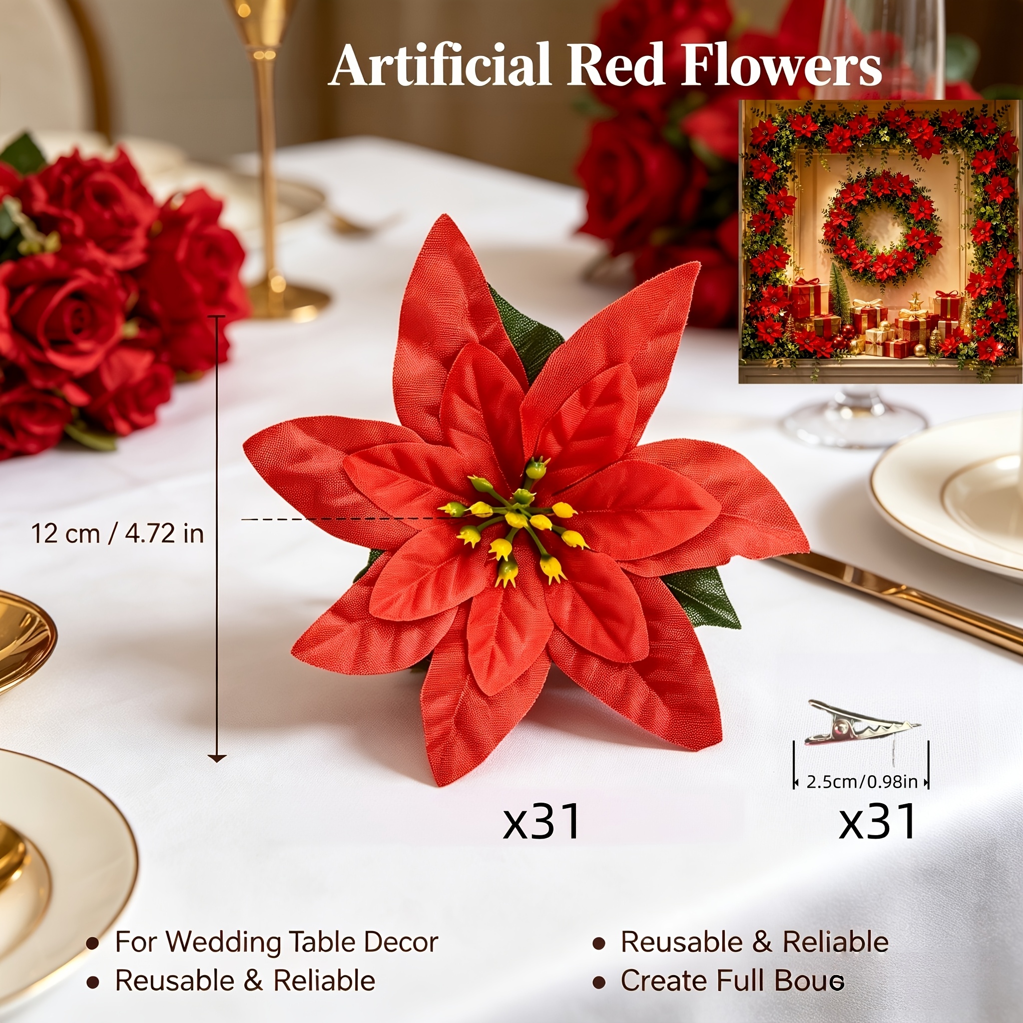 TEMU Ensemble de décorations de Noël (31 de houx et 31 clips en métal), exquises têtes de fleurs de de houx haut de gamme, fleurs artificielles ,