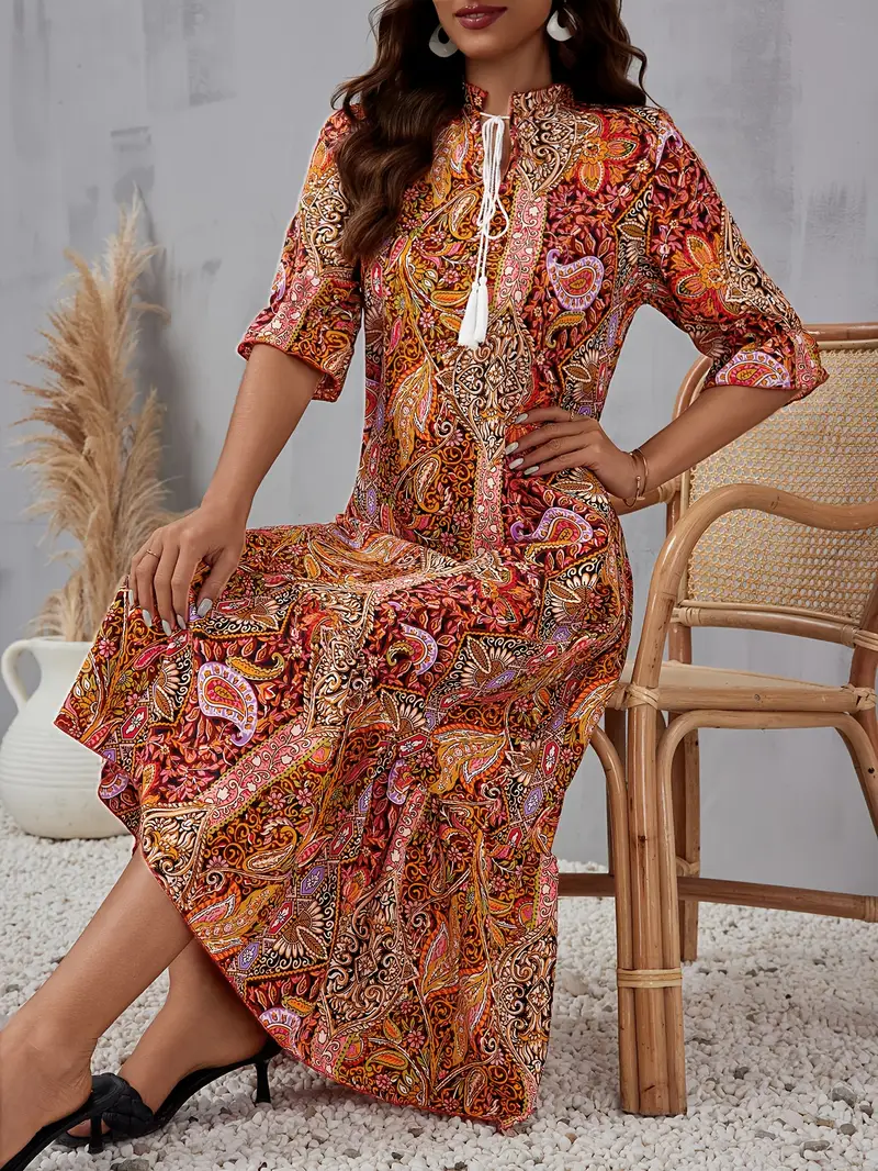 paisley print tassel tie neck dress boho short bell sleeve - Temu United Arab Emirates paisley print tassel tie neck dress boho short bell sleeve - Temu United Arab Emirates