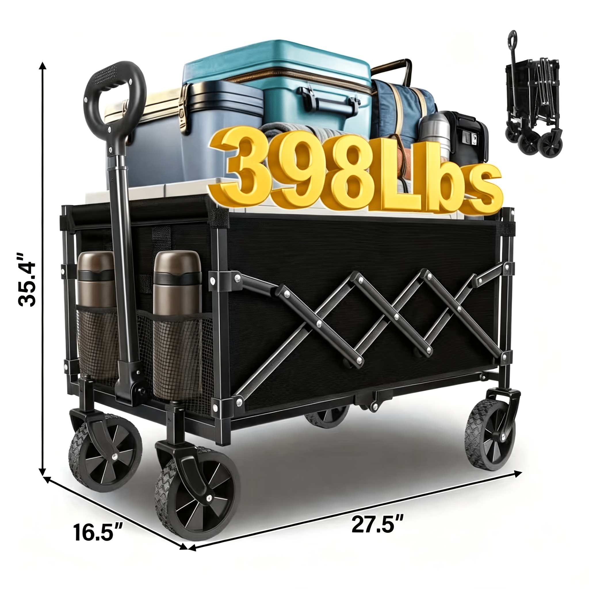 TEMU 398/640lbs Heavy Duty Folding Utility Garden Wagon, Collapsible Wheels, Front Brake, Expandable Storage, Garden Beach Camping Grocery Outdoor