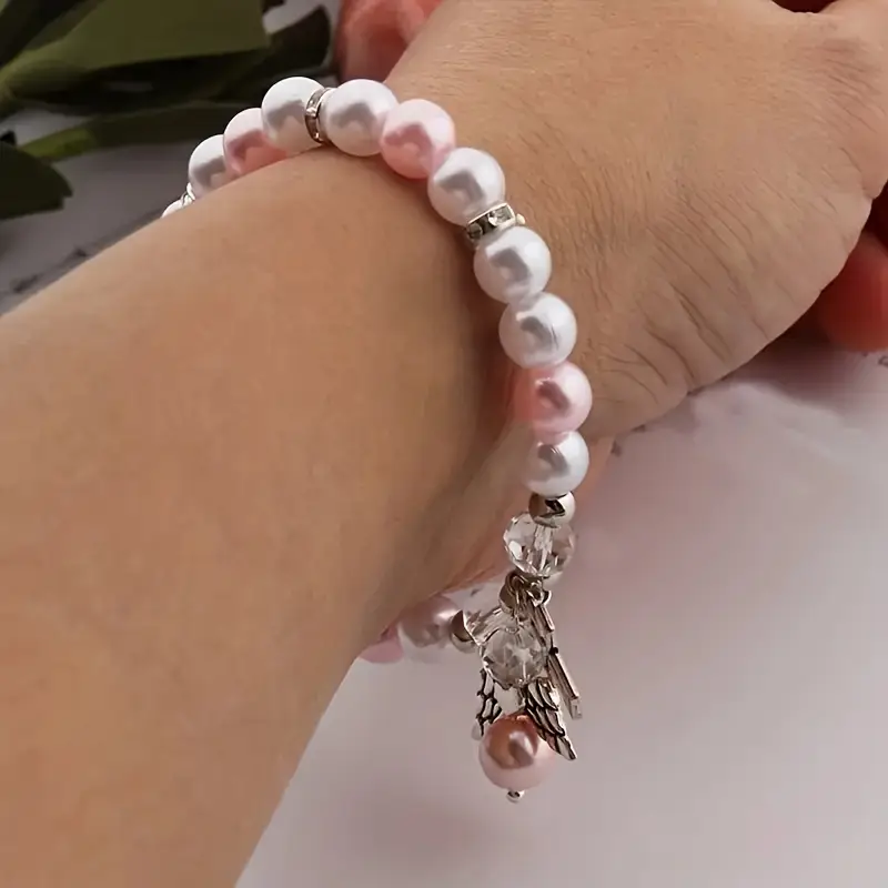 elegant pink and angel charm bracelets perfect gift for women alloy beaded jewelry for casual attire details 4