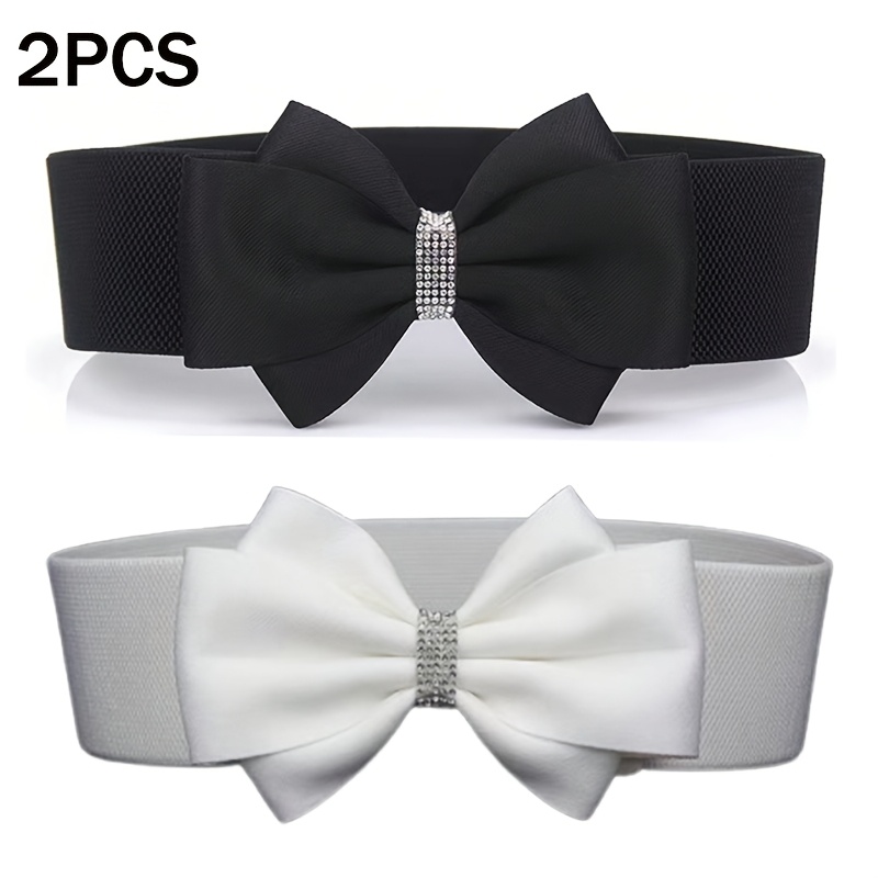Image of 2pcs Women's Belt Set, Sweet Bow Elastic Waistband, Casual Elegant Match For Dress Blouse Coat Sweater Waist Decor Belt