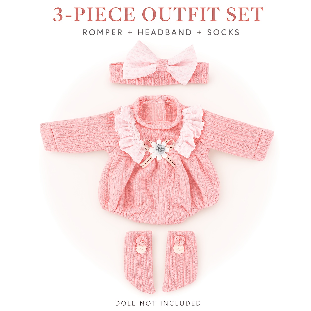TEMU 16-18 Inch Doll Set Doll Pink 3pcs Set, Bodysuit, Bow Headband, And Flower Socks