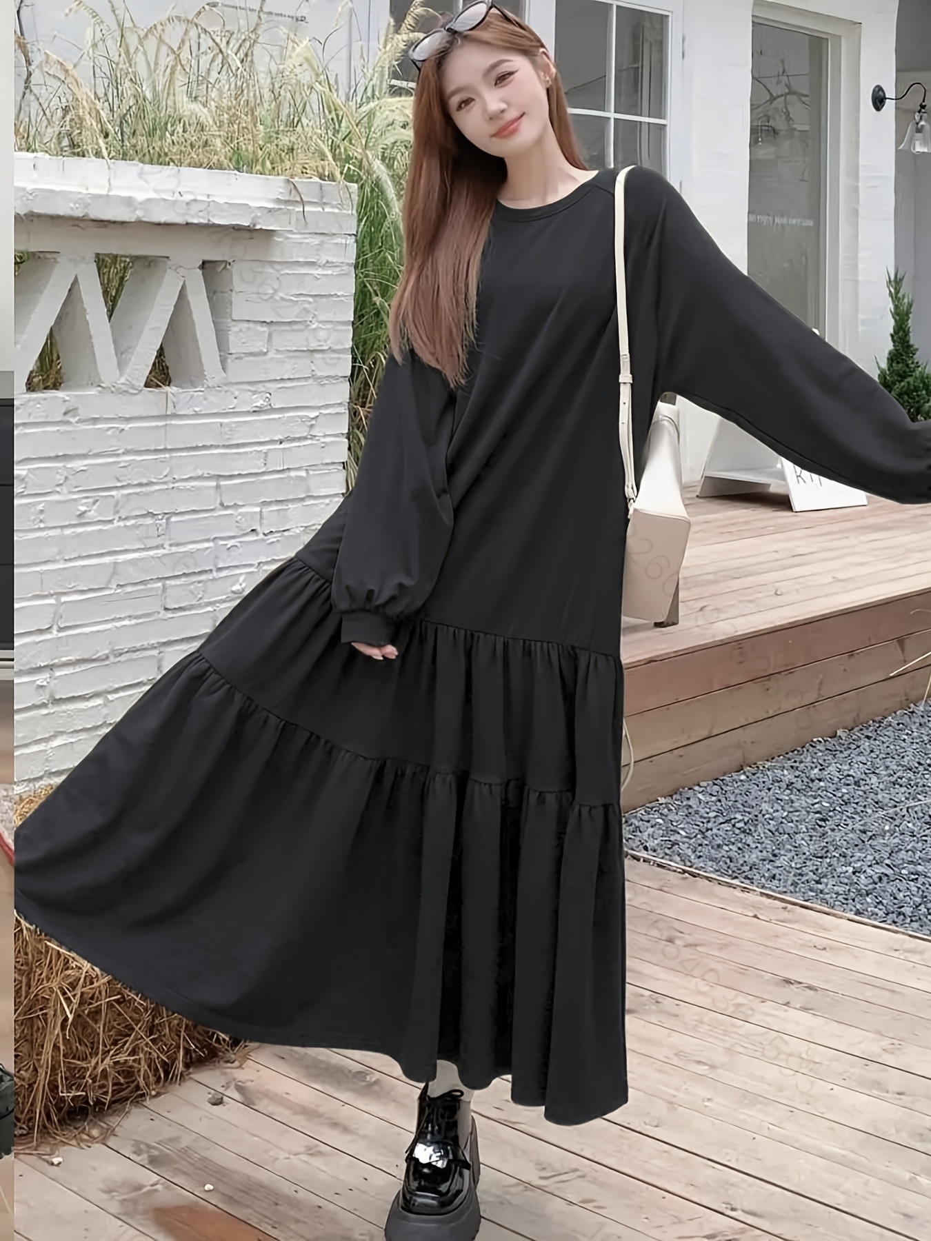 long sleeve maxi dress women pleated hem solid color girly - Temu Oman