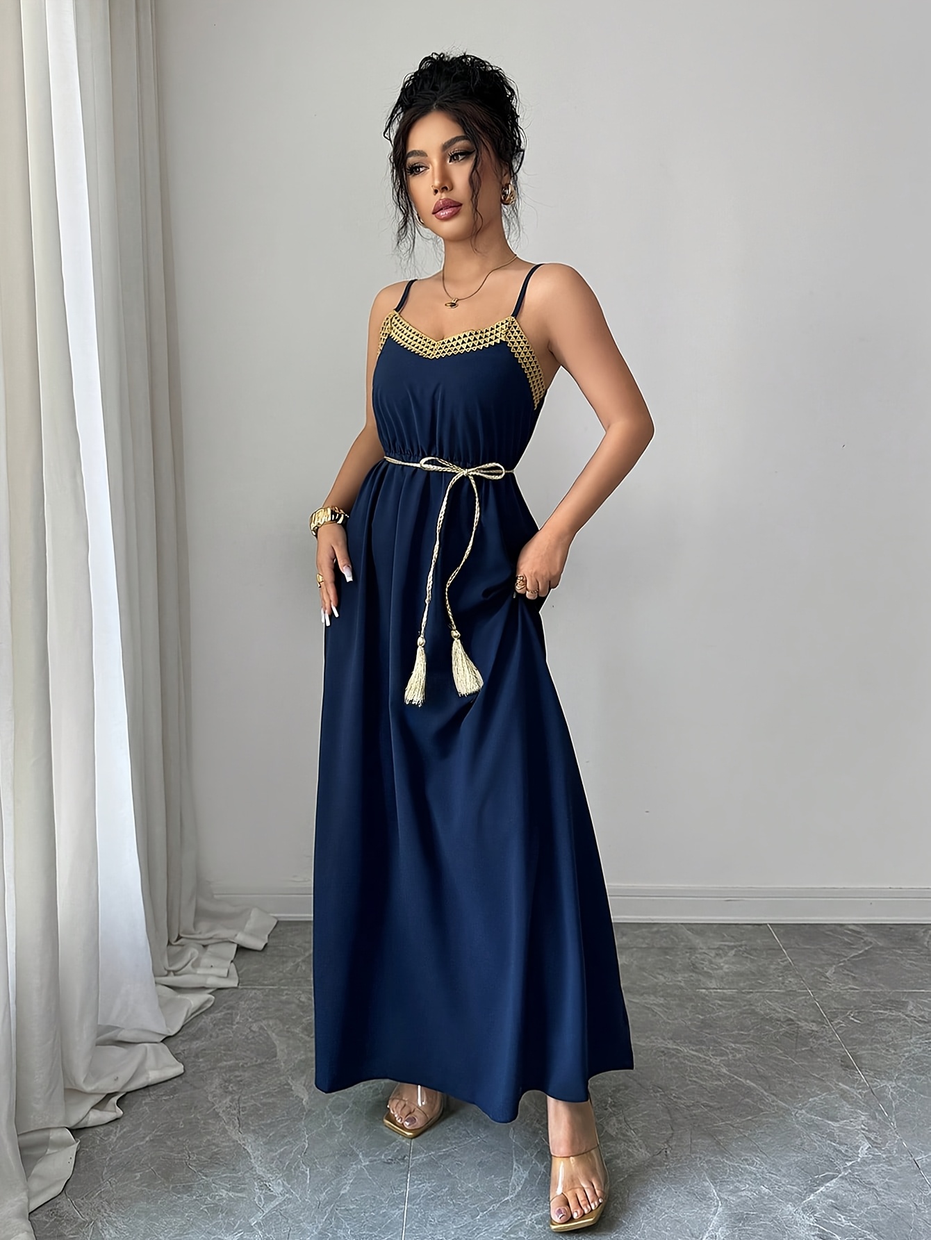 elegant navy blue womens slip dress trim golden