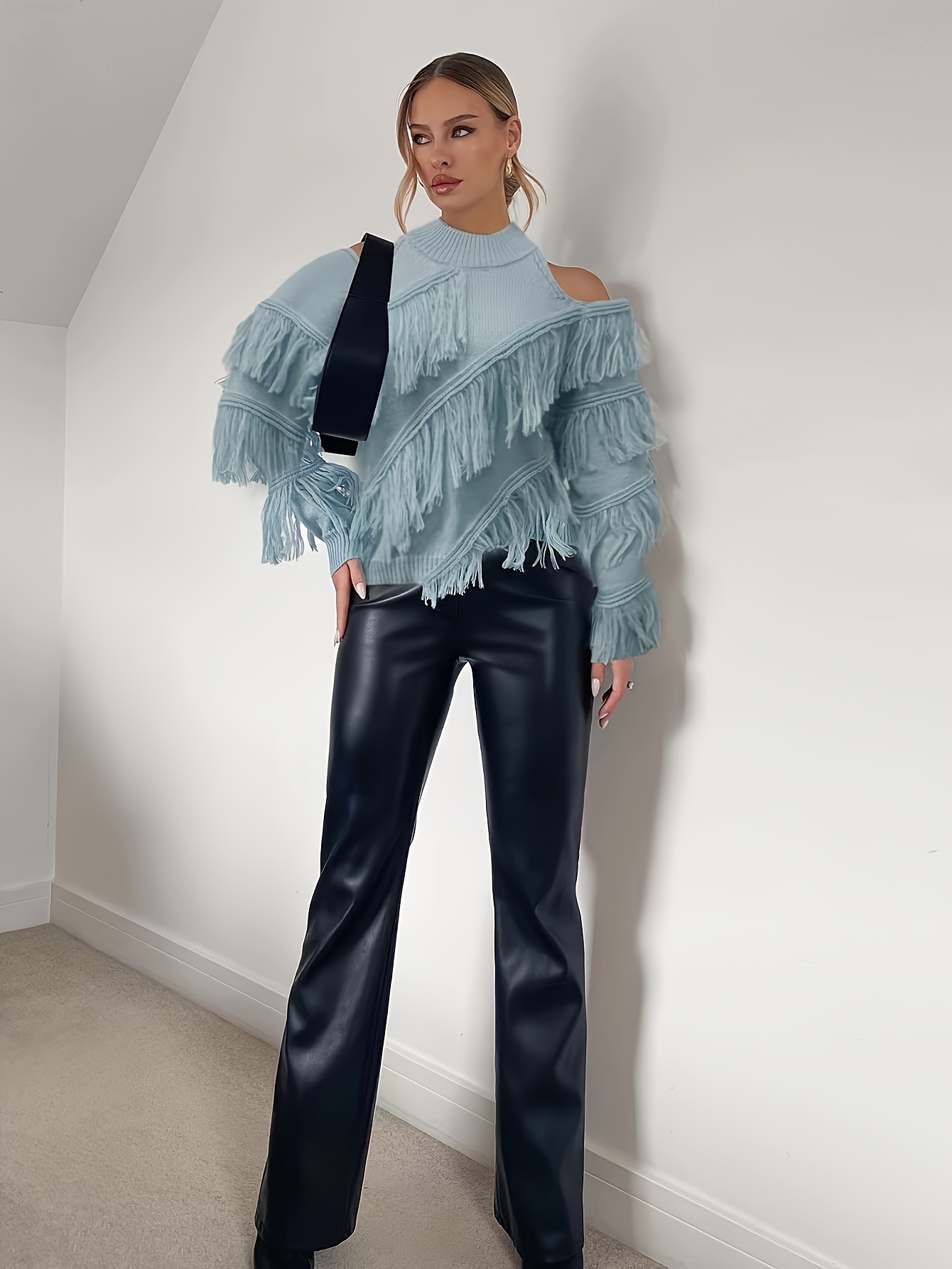 elegant shoulder fringe sweater women sexy long sleeve Temu - Main Image