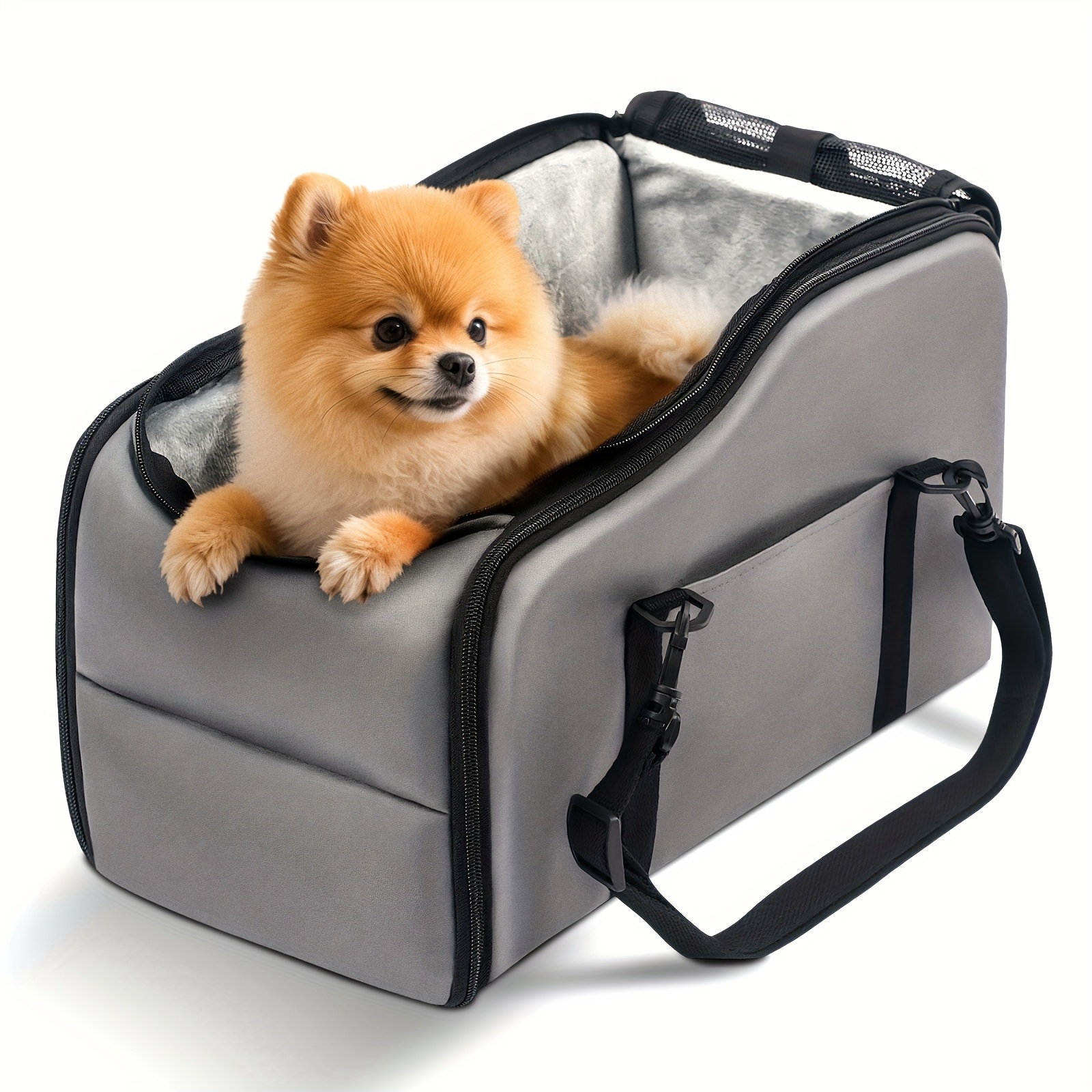 TEMU Portable Dog Car Seat For Small Dogs - Pet Booster Seat With Safety Leash, Adjustable Straps, & Storage Pocket - Center Console Puppy Car Seat For Travel, Support To 12lbs