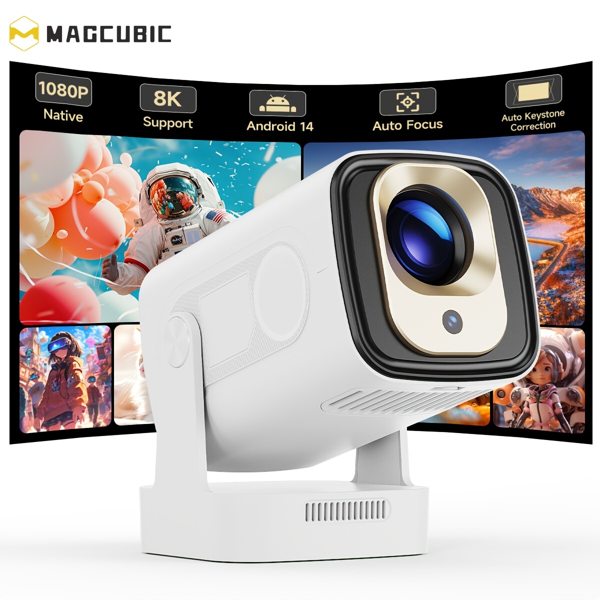 Image of Magcubic Smart Tv Projector 14 Compatible For 130" Display, 400ansi , Native, Voice & Projector Suitable For Theater, Entertainment, Birthday Gift, Desktop Installation With -power Plug